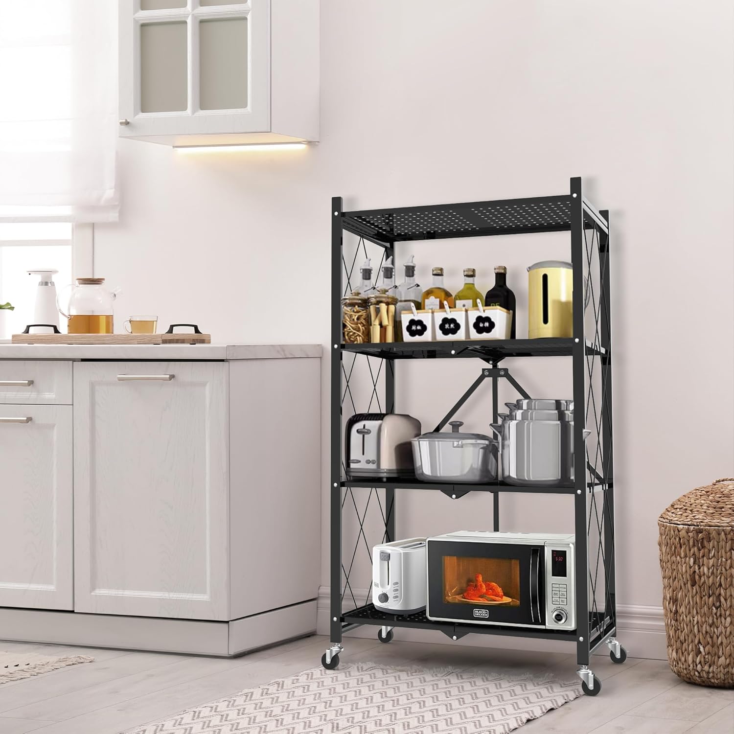 Foldable 4-Tier Storage Shelves with Wheels, No Assembly Bookshelf, Heavy Duty Kitchen Racks and Shelves, Rolling Microwave Cart, Black