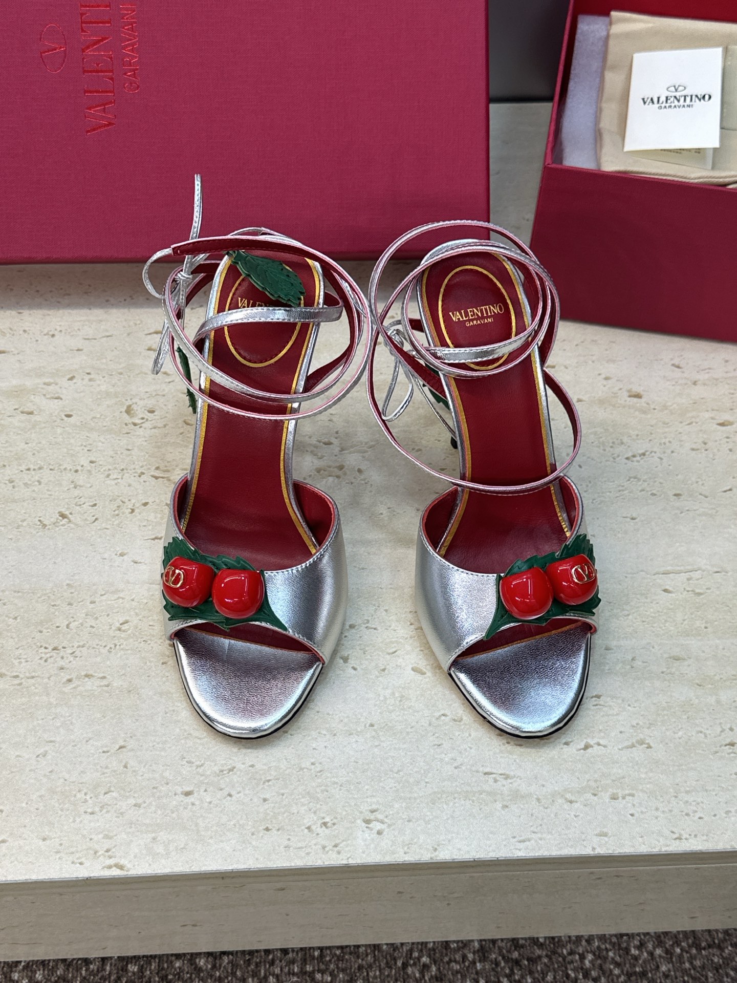 Valentino Garavani Silver Cherry Leather Leaf Charm Metallic Leather Stiletto Toe Heel Sandals