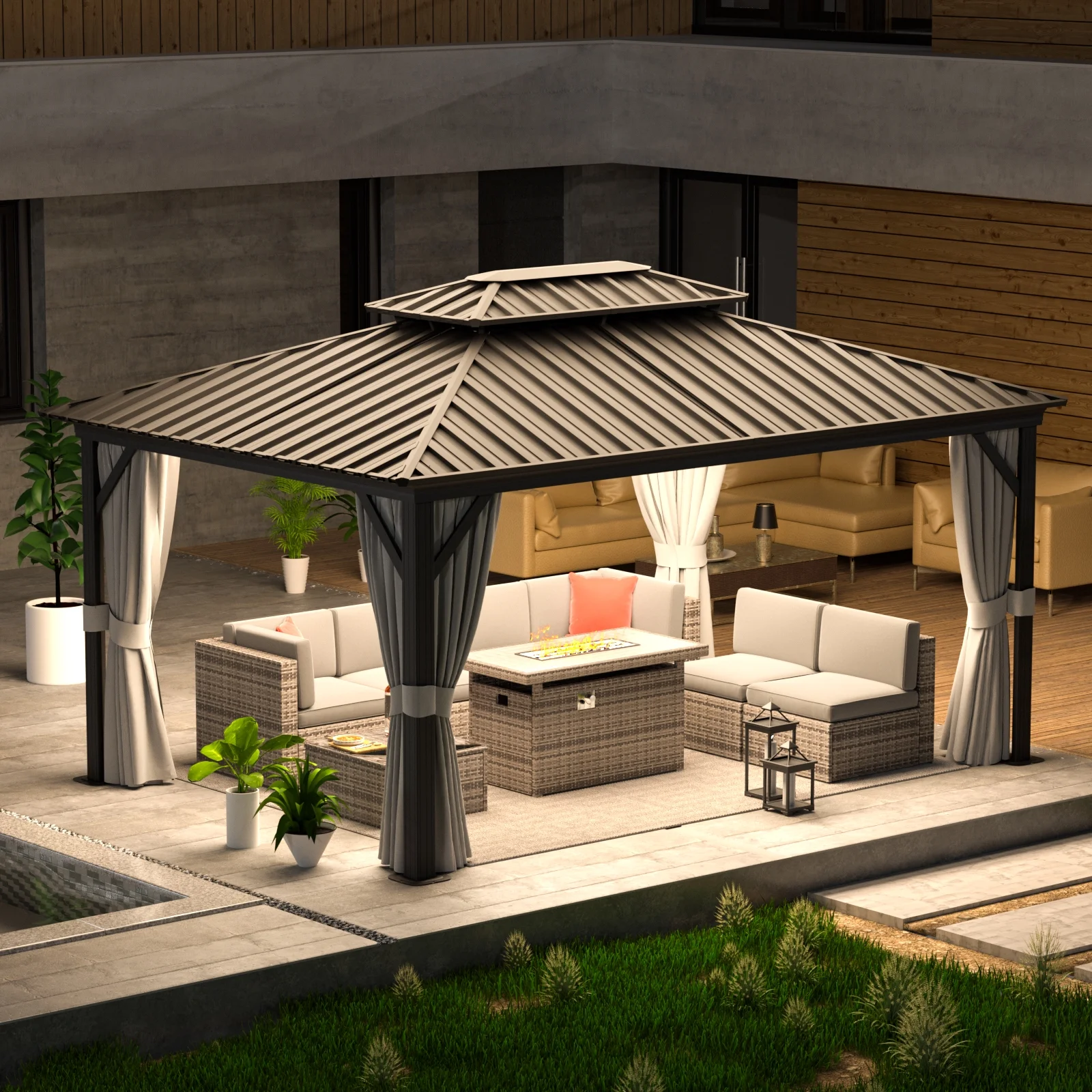 AOXUN 12'x16Outdoor Hardtop Gazebo, Galvanized  Double Roof Aluminum Pavilion with Netting and Curtains for Garden, Patio, Lawns, Gray