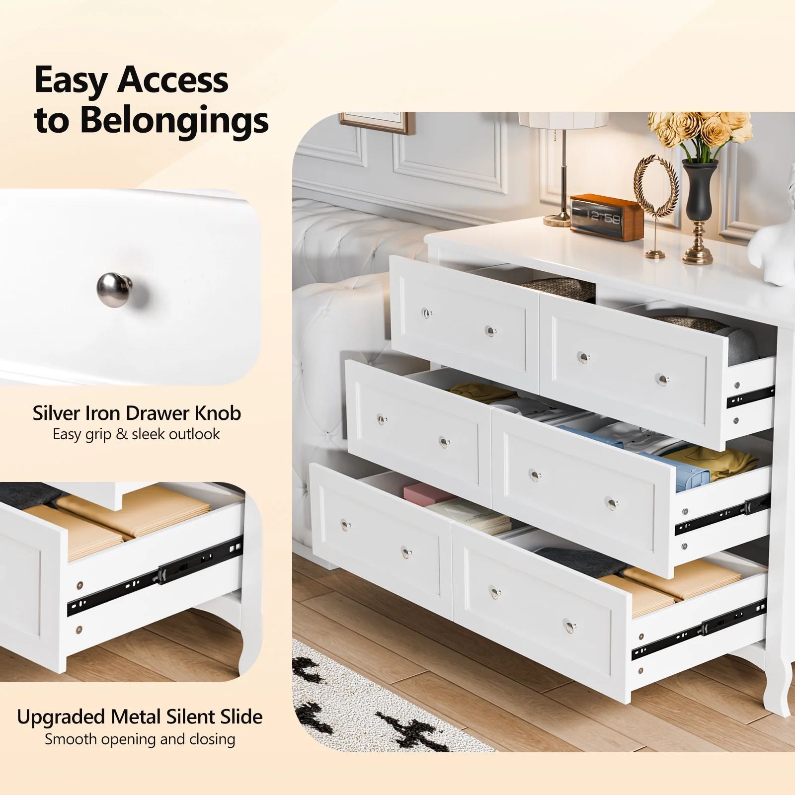 Ktaxon 6 Drawers Dresser Chests for Bedroom, Wood Chset of Drawers,Dressers Organizer for Bedroom, Living Room,Hallway, White