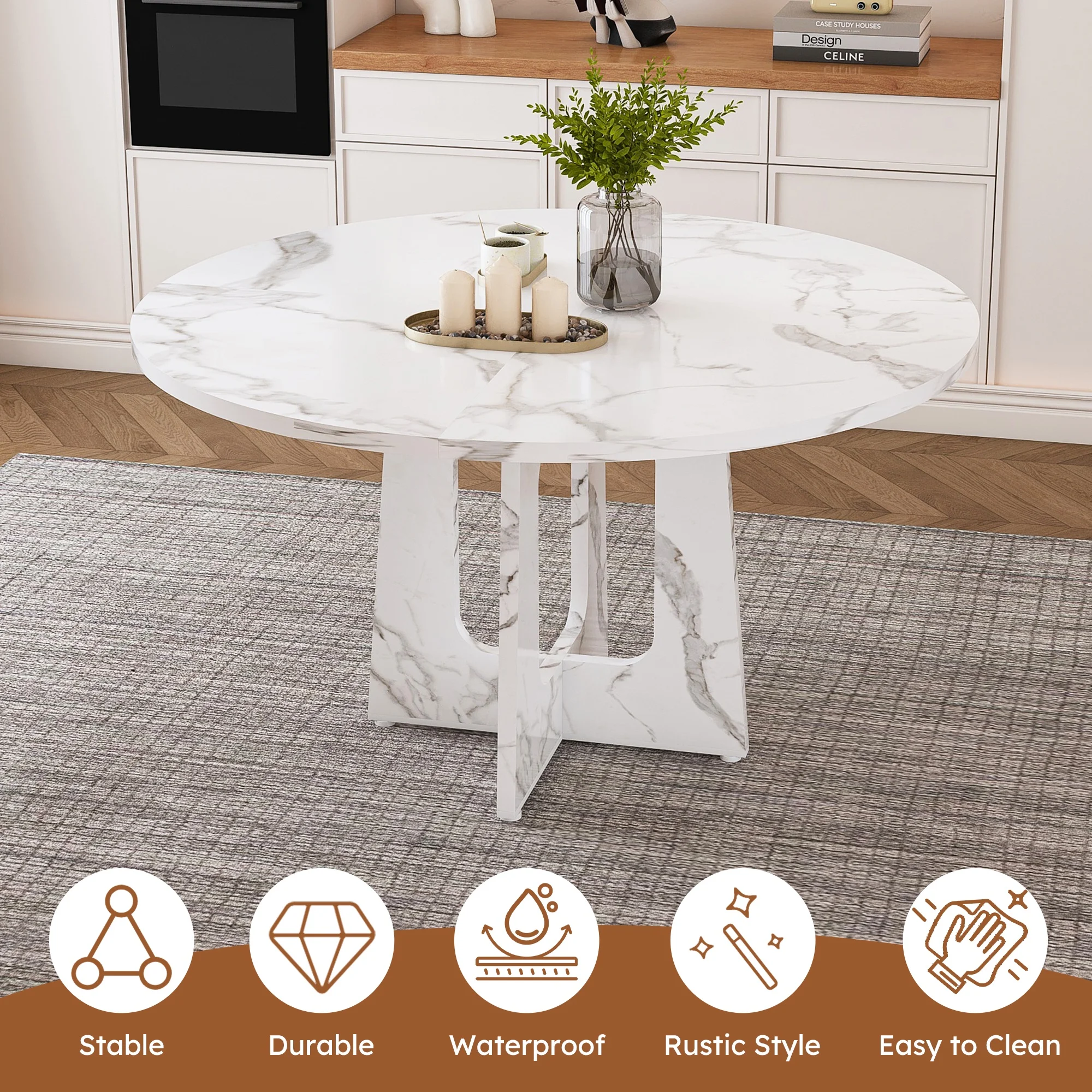PAPROOS Round Dining Table, 47'' Faux Marble Dining Table, Large Circle Dining Table for Dining Room, Modern Kitchen Table for 4 People, White(Only Table)