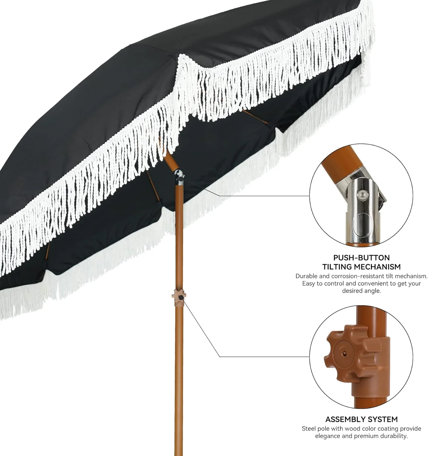 7ft Patio Umbrella with Fringe Outdoor Tassel Umbrella UPF50+ Premium Steel Pole and Steel Ribs Push Button Tilt, Black