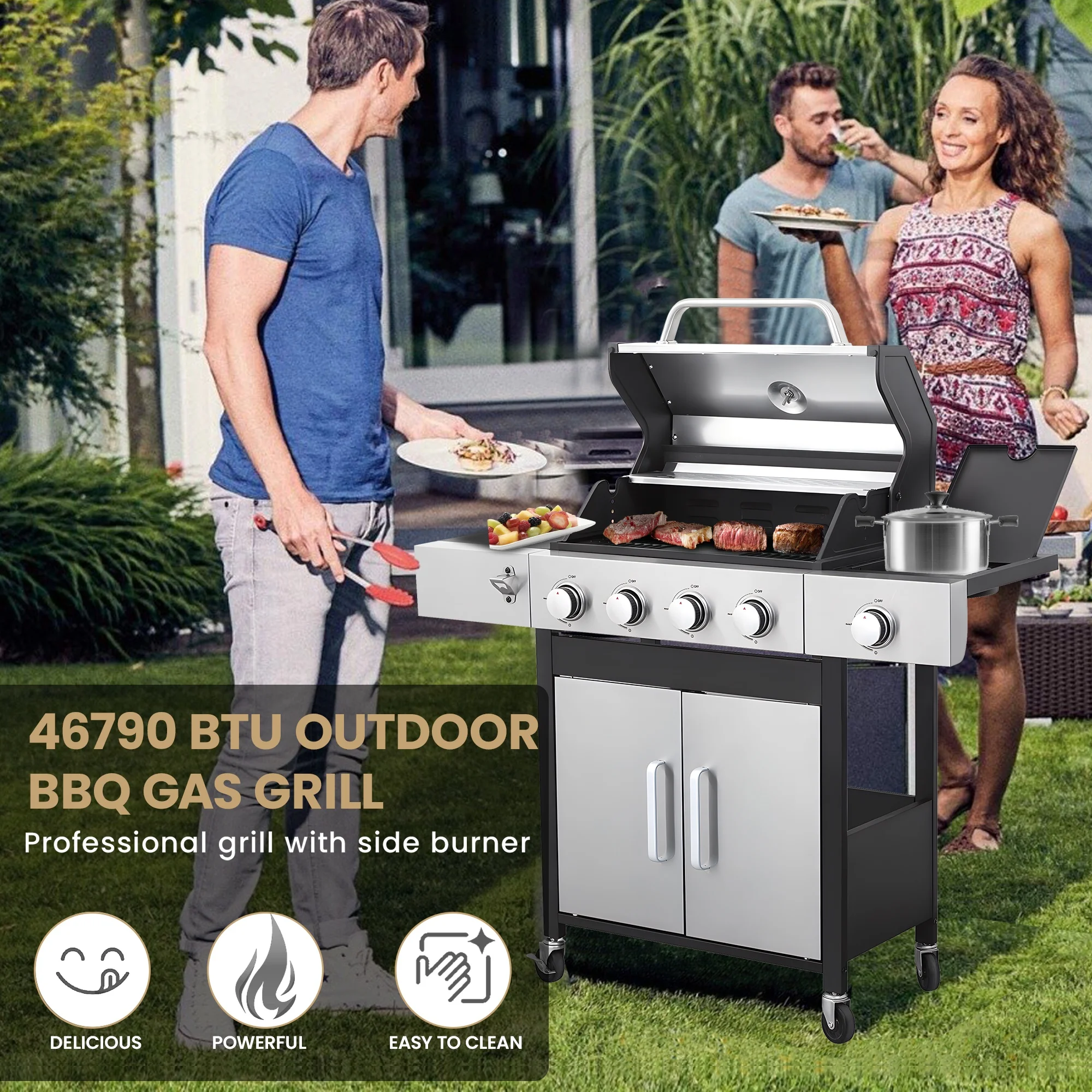 Seizeen 4 Burner Outdoor BBQ Grill with Side Burner, 46,790BTU Propane Gas Grill Stainless Steel, 2-IN-1 Enameled Cast Iron Grid & Frying Plate, High Lid, for Patio and Garden Cooking