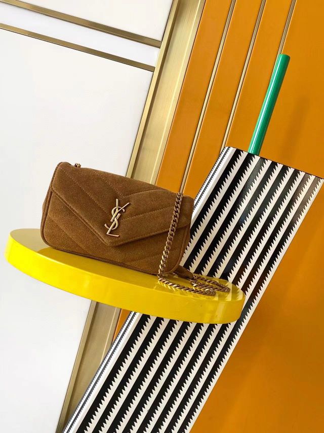 Saint Laurent YSL LOULOU small in MATELASSÉ suede in Brown