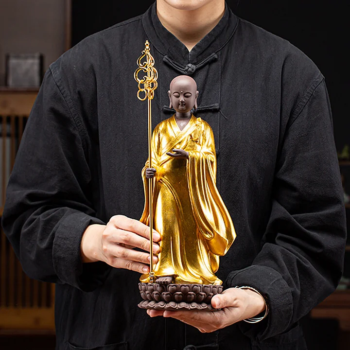TIKTOK LIVE - Purple Clay Pottery Bodhisattva Statue Golden Robe Ornaments Zen Meaning in Home Decor Buddha Statue Sculpture