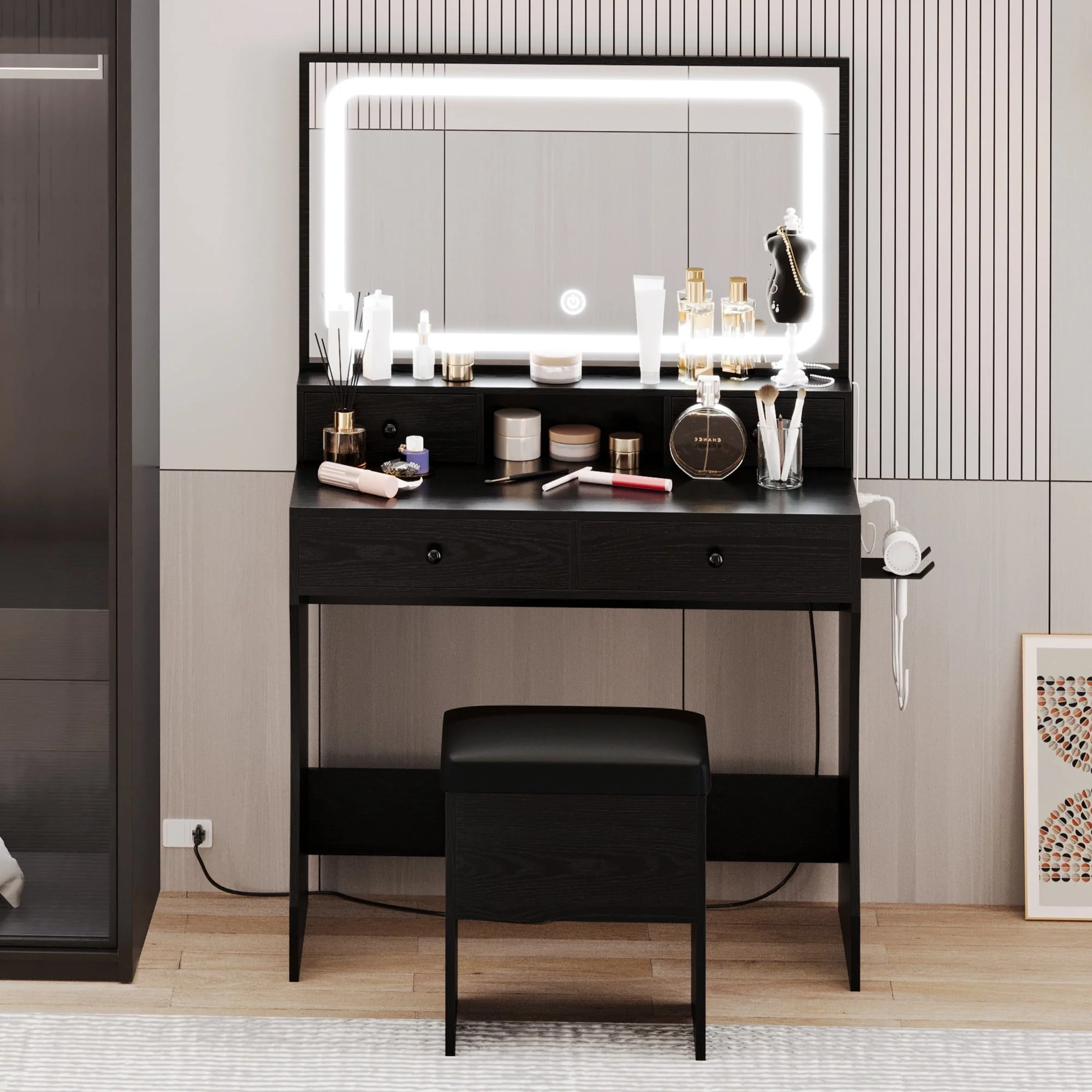 LIKIMIO Vanity Desk with LED  Mirror, Bedroom Makeup Table with 4 Drawers, Storage Stool, White