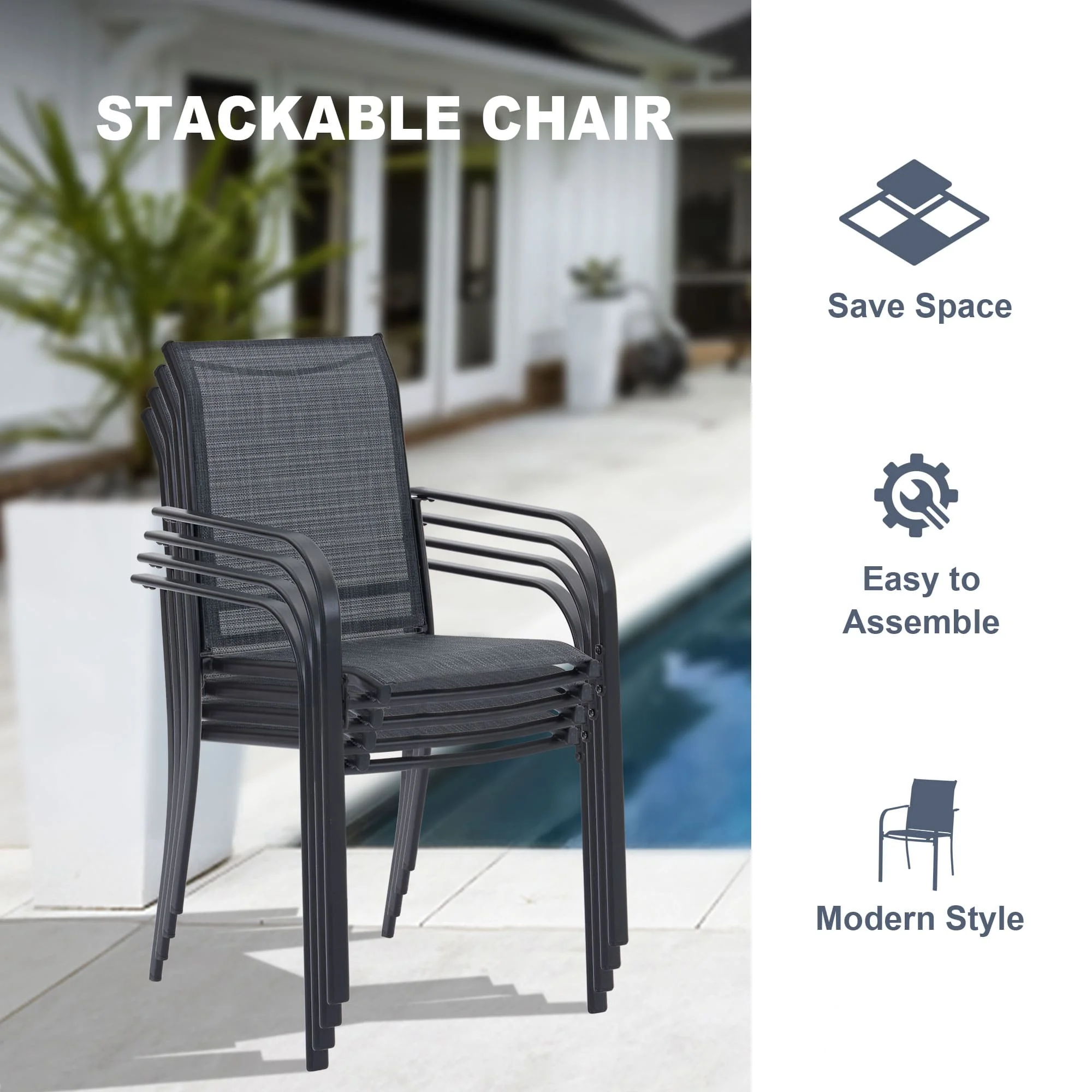 Vicllax Outdoor Dining Set Stackable Chairs Modern Style Metal 59.2"Lx37.8"Wx28.3"H (7 Pcs)
