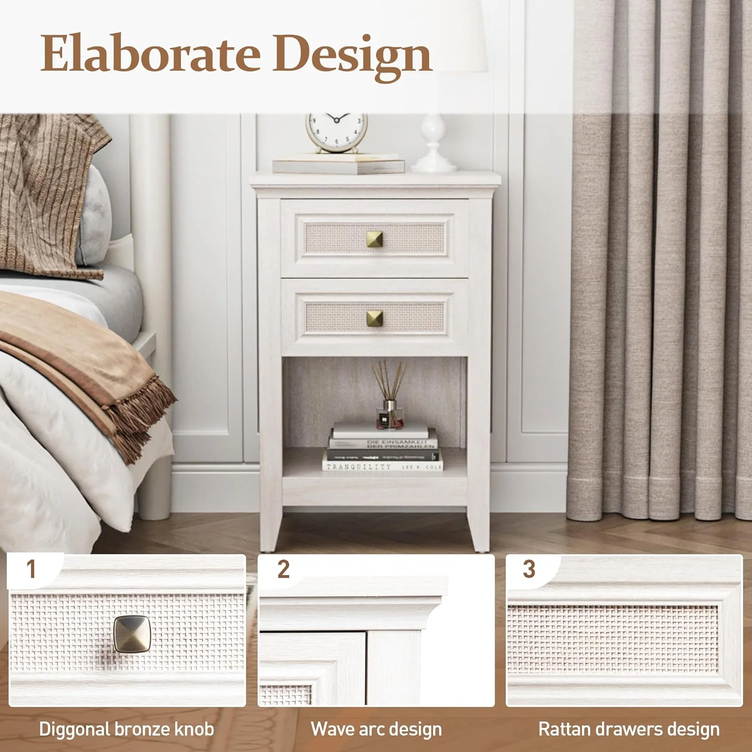 Superjoe 27" Rattan Nightstand w/2 Drawers Set of 2, Grayish White Wood Farmhouse Bedside Table, Boho Accent End Table Cabinet w/Open Storage Shelf