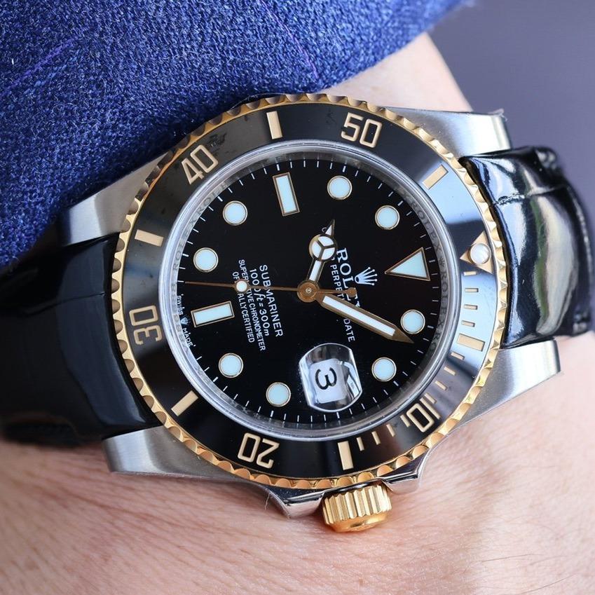Rolex Watch SUBMARINER DATE 40 STEEL CASE GOLD BLACK CERAMIC LEATHER Watch
