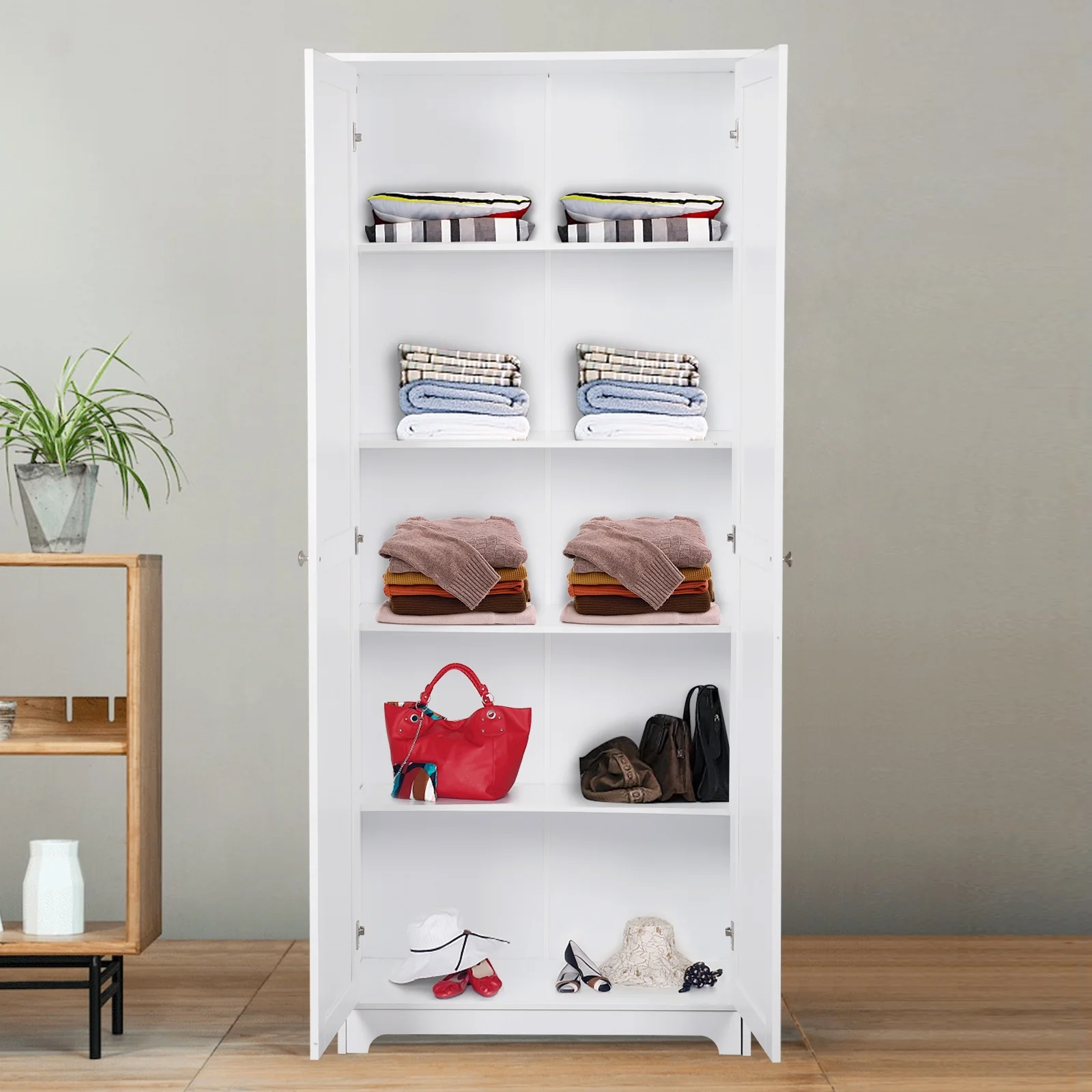 IVV 5-Tiers Pantry Cabinet, 72"H Tall Wood Storage Cabinet with Adjustable Shelves, 2 Doors for Kitchen Bedroom Living Room (White)