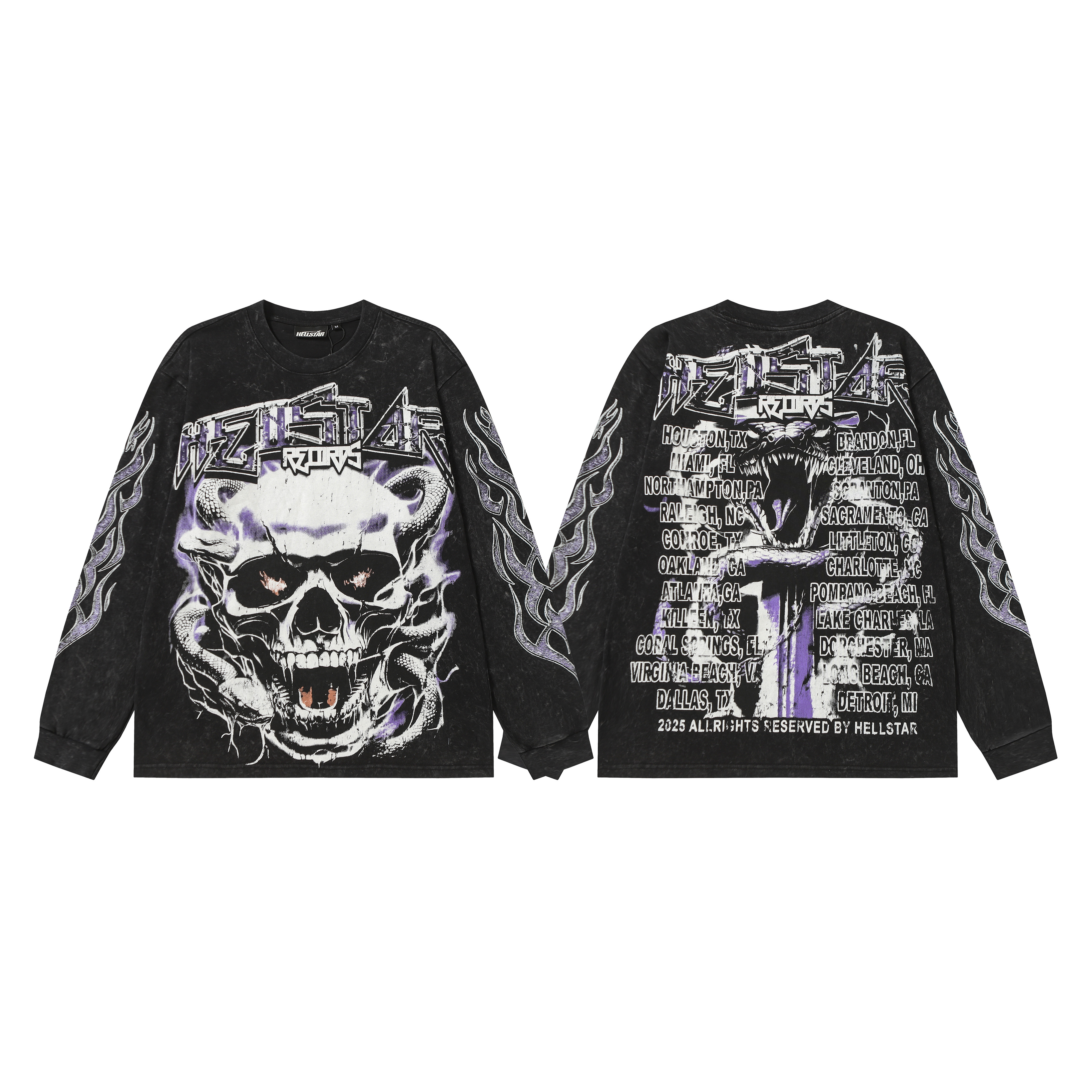Street-style vintage black skull long-sleeved T-shirt with washed effect