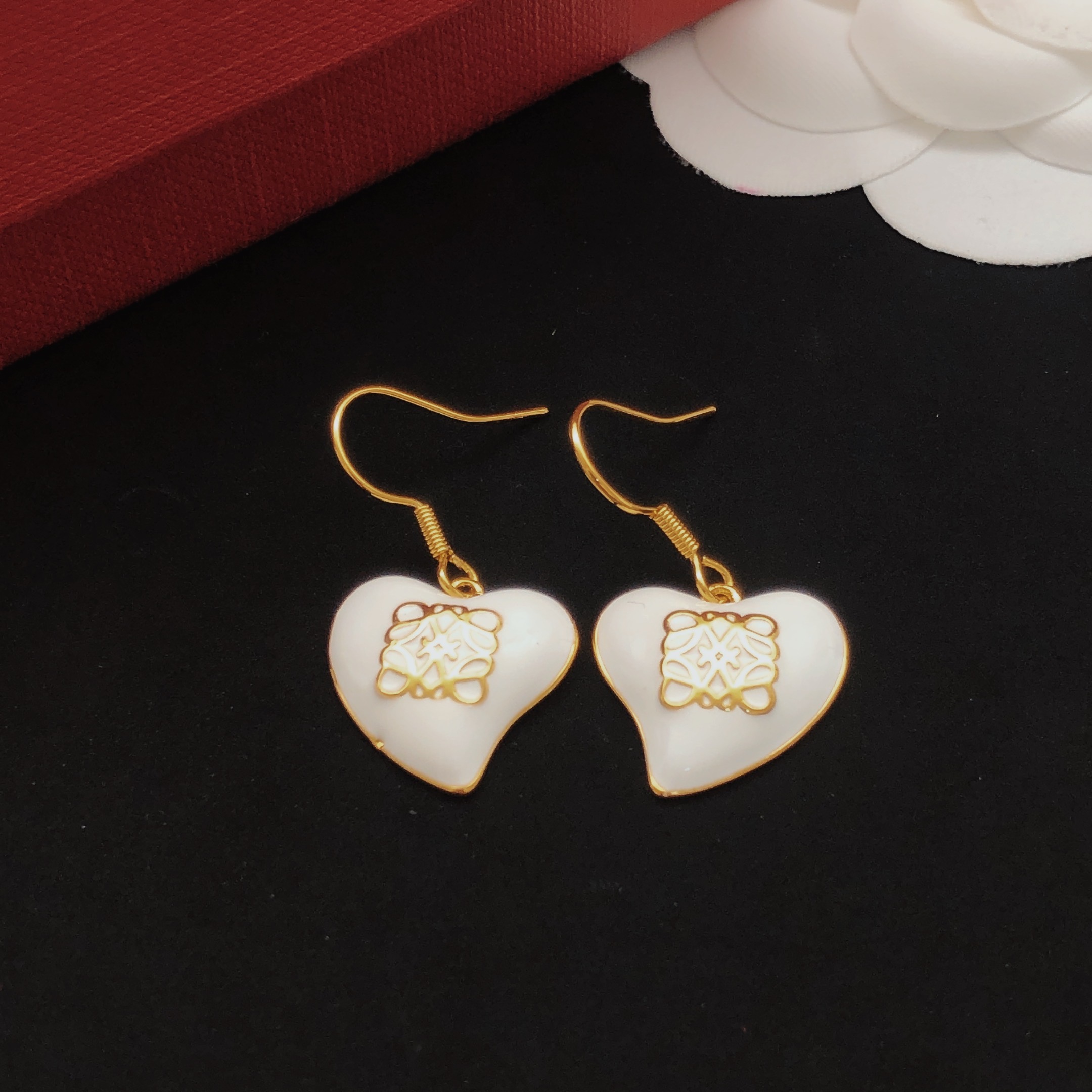 Loewe White Enamel Heart Pendants Earrings
