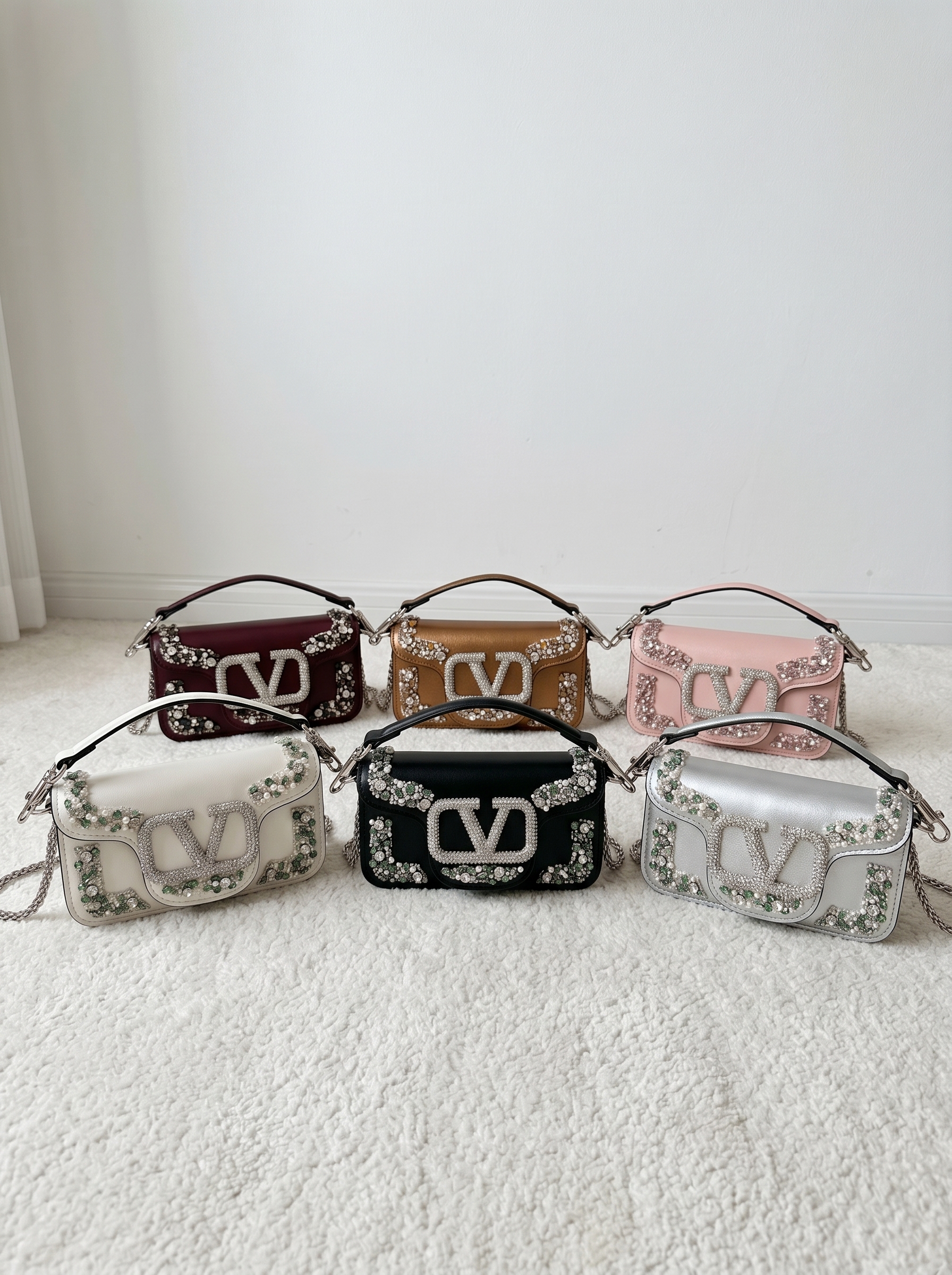Valentino Loco Jewel Small Leather Crystal Pearl Bead-Embroidered VLogo Flap Chain Horizontal Shoulder Bag