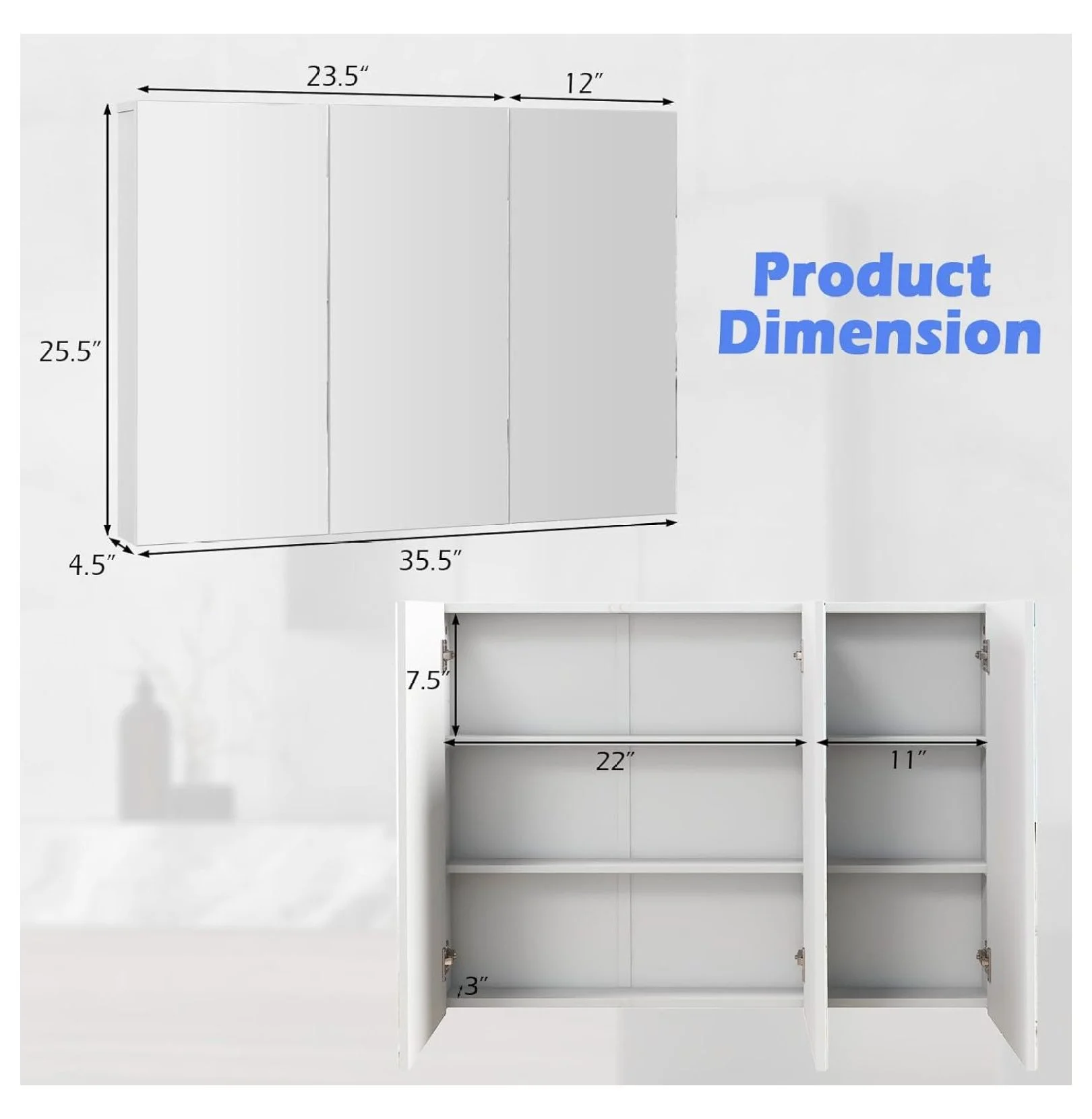 Mirrored Medicine Cabinet, Large Wide Wall Mounted Storage Cabinet with 3 Mirror Doors & Adjustable Shelf, Hanging Bathroom Organizer, White, 36 x 4.5 x 25.5 Inches