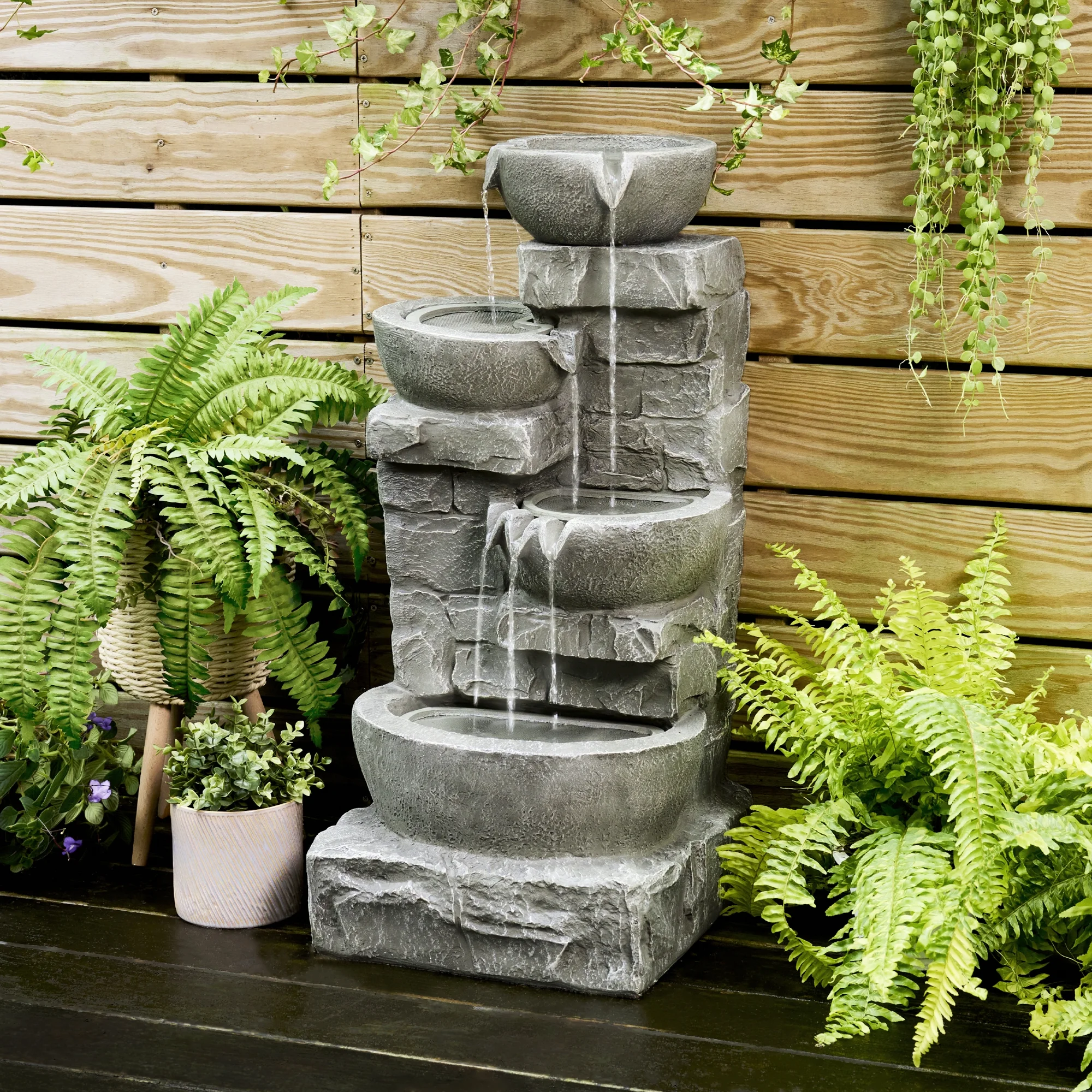 Teamson Home Cascading Stacked Stones Patio Water Fountain–Warm LED Light with Adjustable Flow & Electric Pump, Gray