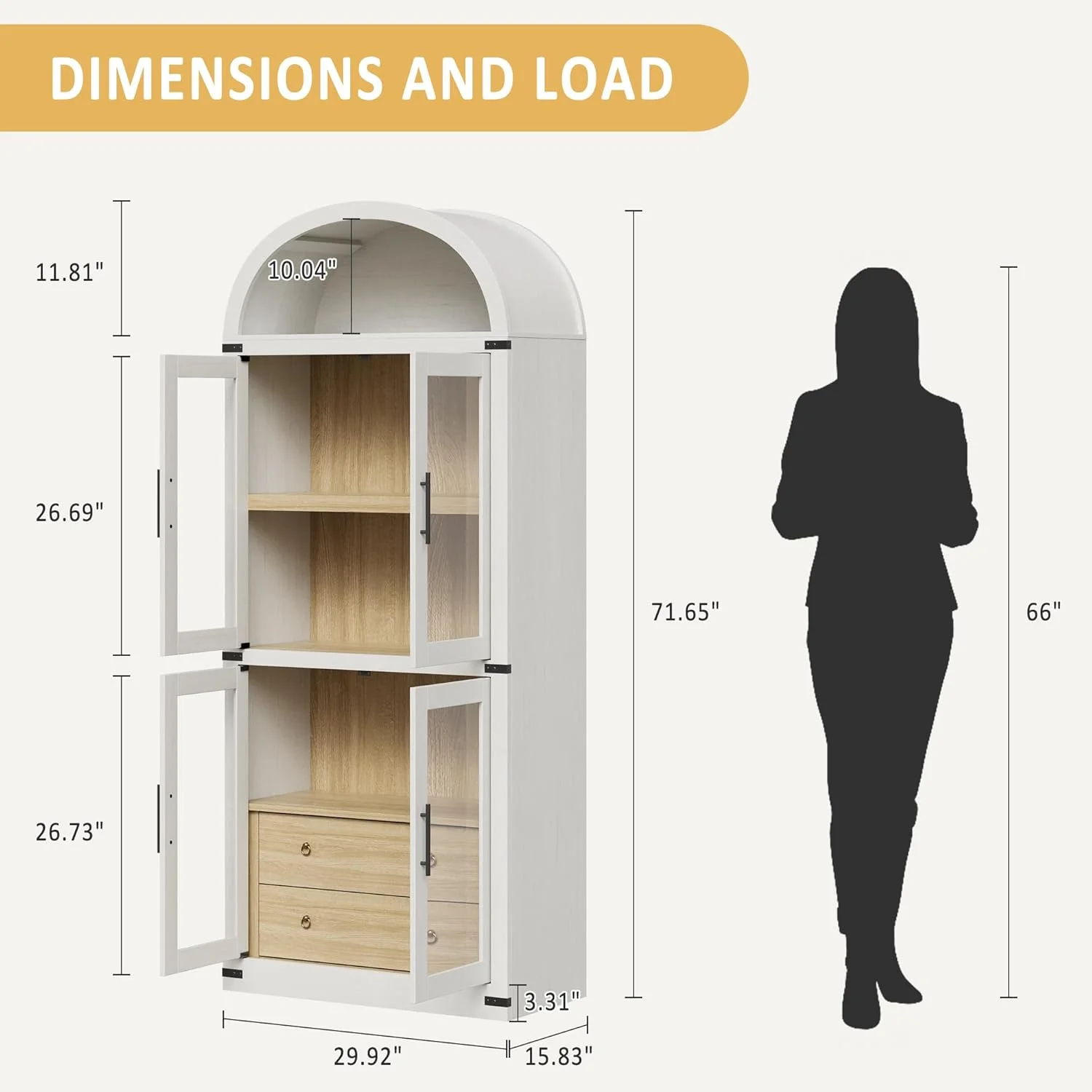 Arched Kitchen Pantry Storage Cabinet with 2 Drawers, 71-Inch Tall Farmhouse Wood Bookcase with 4 Doors for Kitchen Dining Room Bathroom