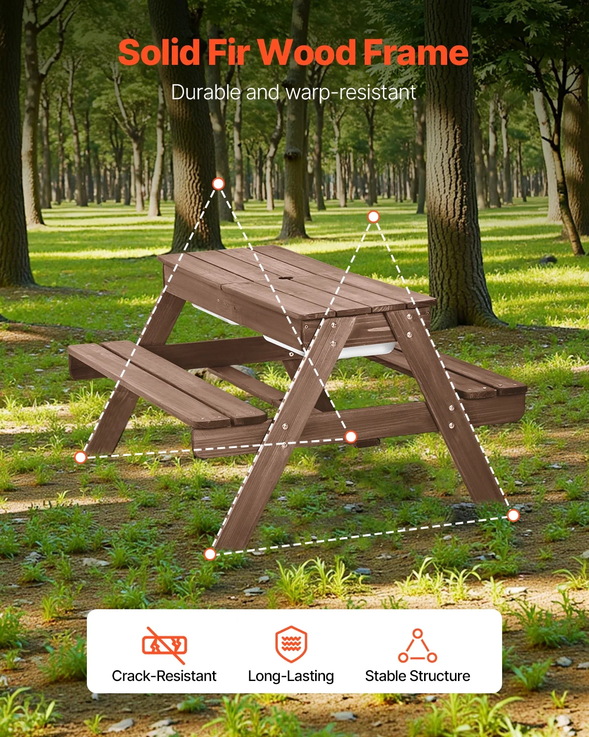 VEVOR Kids Picnic Table with Umbrella, 3-in-1 Sand & Water Table, Outdoor Wooden Table and Bench Set with 2 Trays, 4-People Patio Dining Furniture for Garden, Backyard and Porch (Walnut)