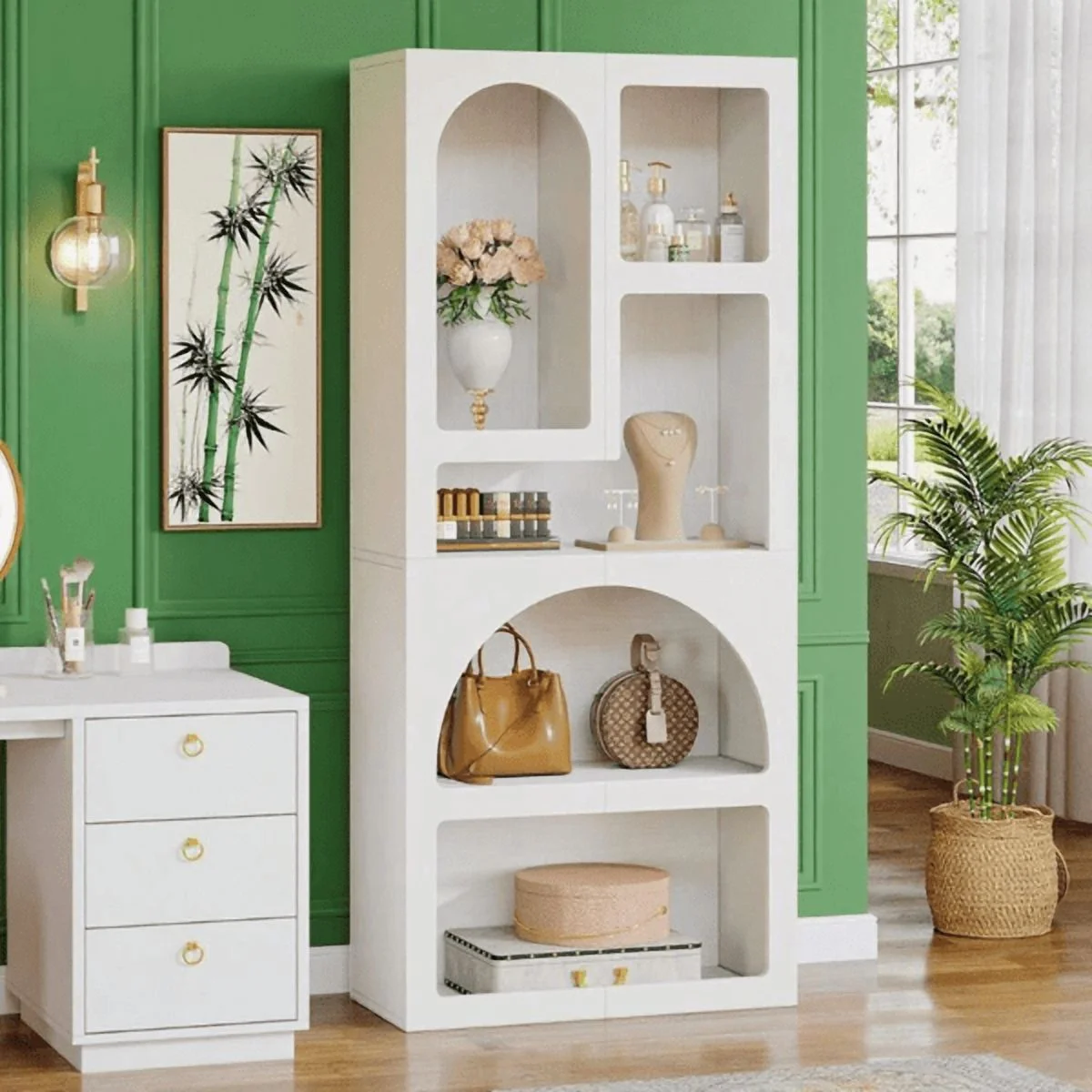 5-Tier Modern Arched Bookshelf - White, Geometric Irregular Shelves, High-Quality MDF, for Living Room/Bedroom/Study