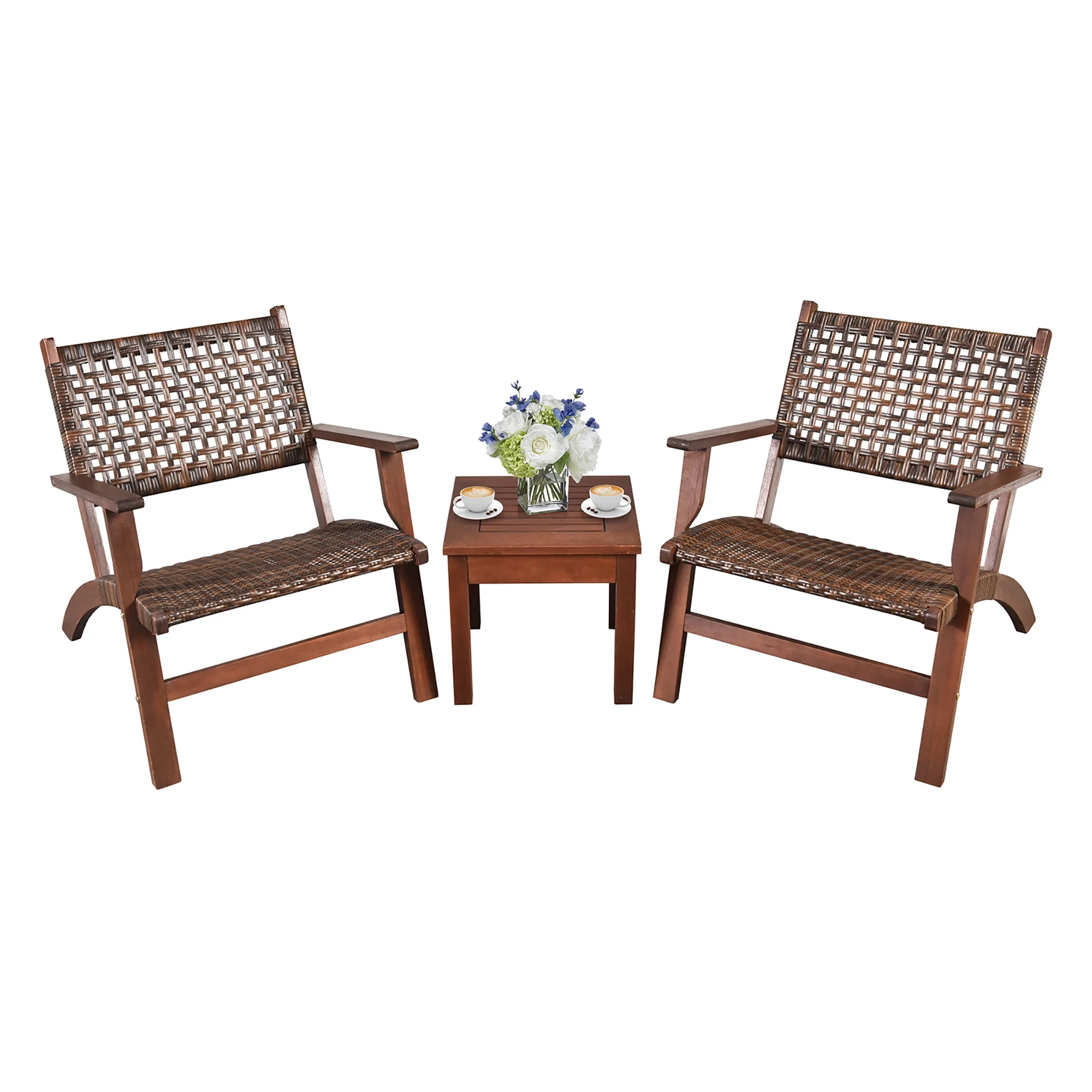 Gymax 3PCS Rattan Patio Chair & Table Set Outdoor Furniture Set w/ Wooden Frame