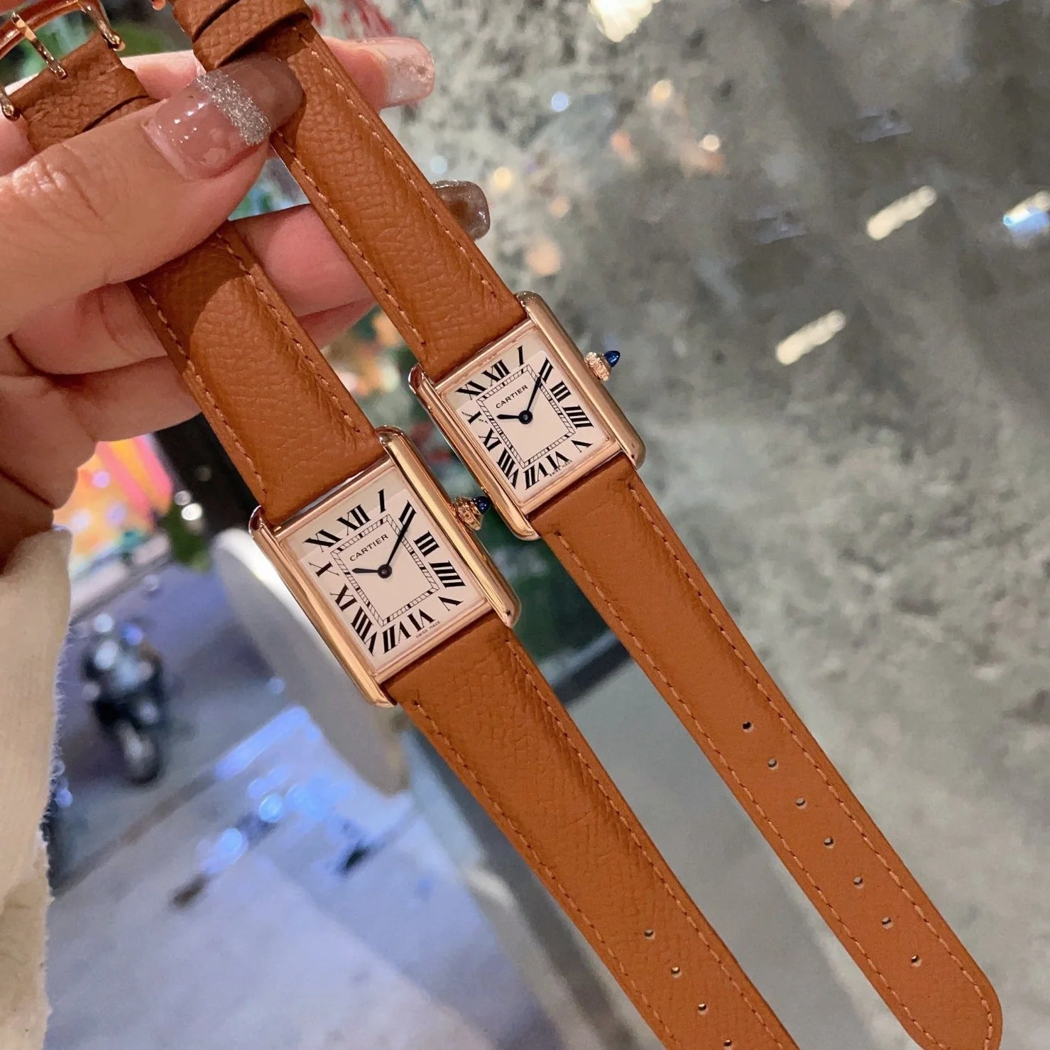 Cartier Watch TANK MUST PINK GOLD BROWN EPSOM LEATHER