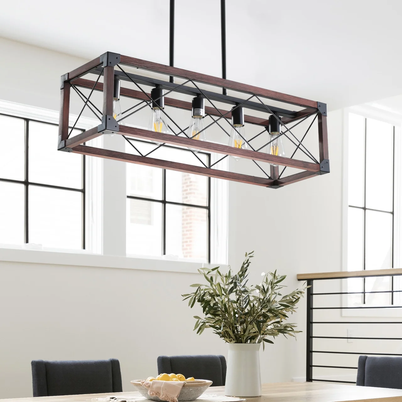 Pendant Lights Kitchen Island, 5-Light Rectangular Chandelier with Adjustable height boom, Farmhouse Dining Room Light Fixture, E26 Bulb Not Includes
