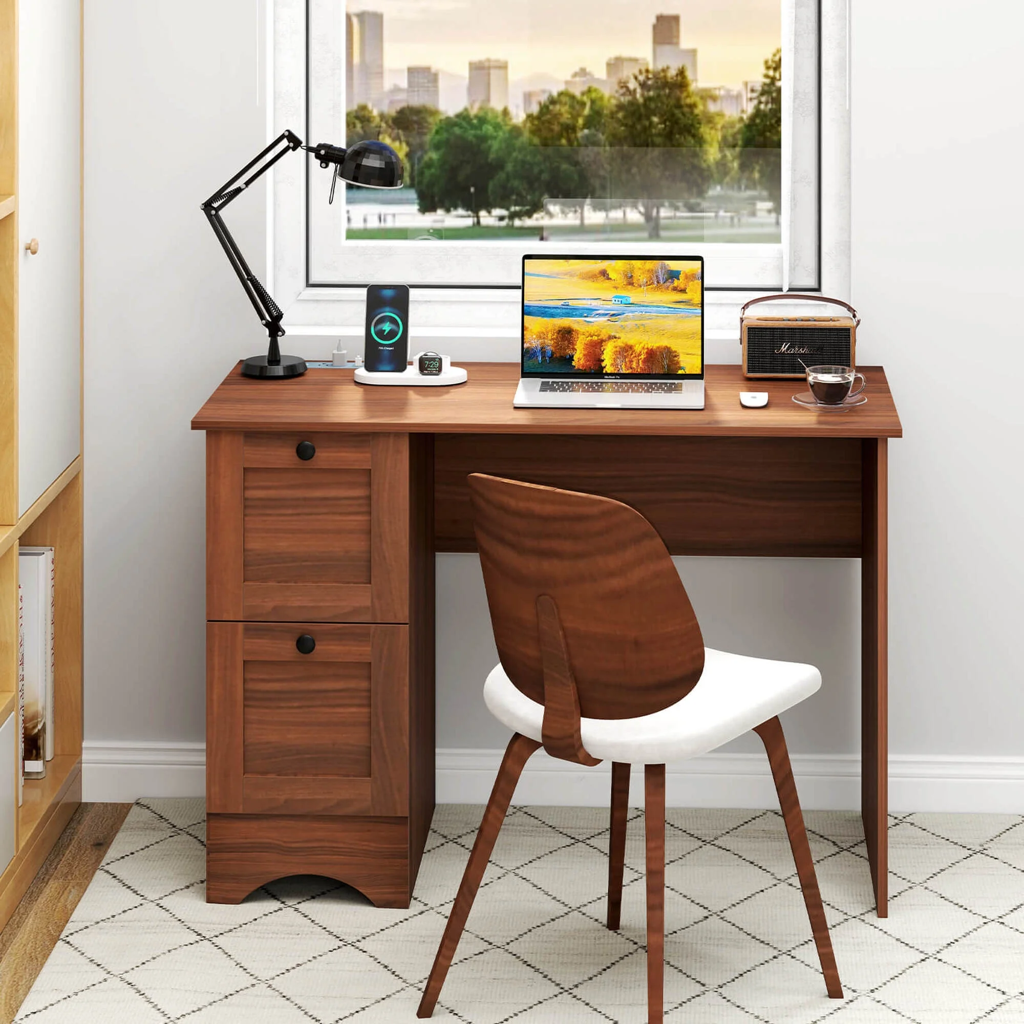 Costway 43" Home Office Desk with Charging Station Compact Study Writing Desk Walnut