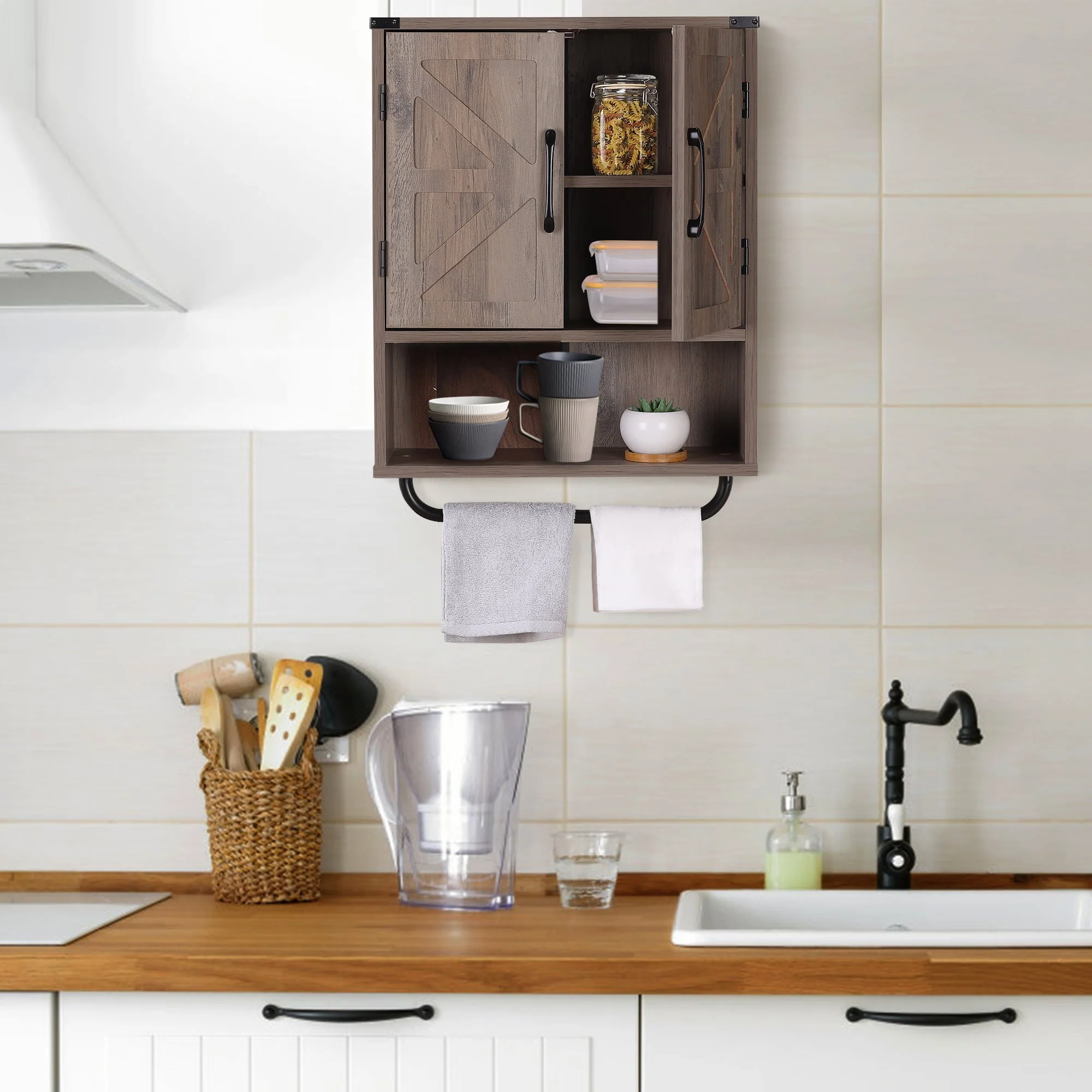 Rustown Farmhouse Wall Storage Cabinet with Two Barn Door, Rustic Mounted Medicine Cabinet with Adjustable Shelf and Towel Bar, 3-Tier Wood Cabinet for Kitchen, Bathroom, Living Room (Washed Oak)
