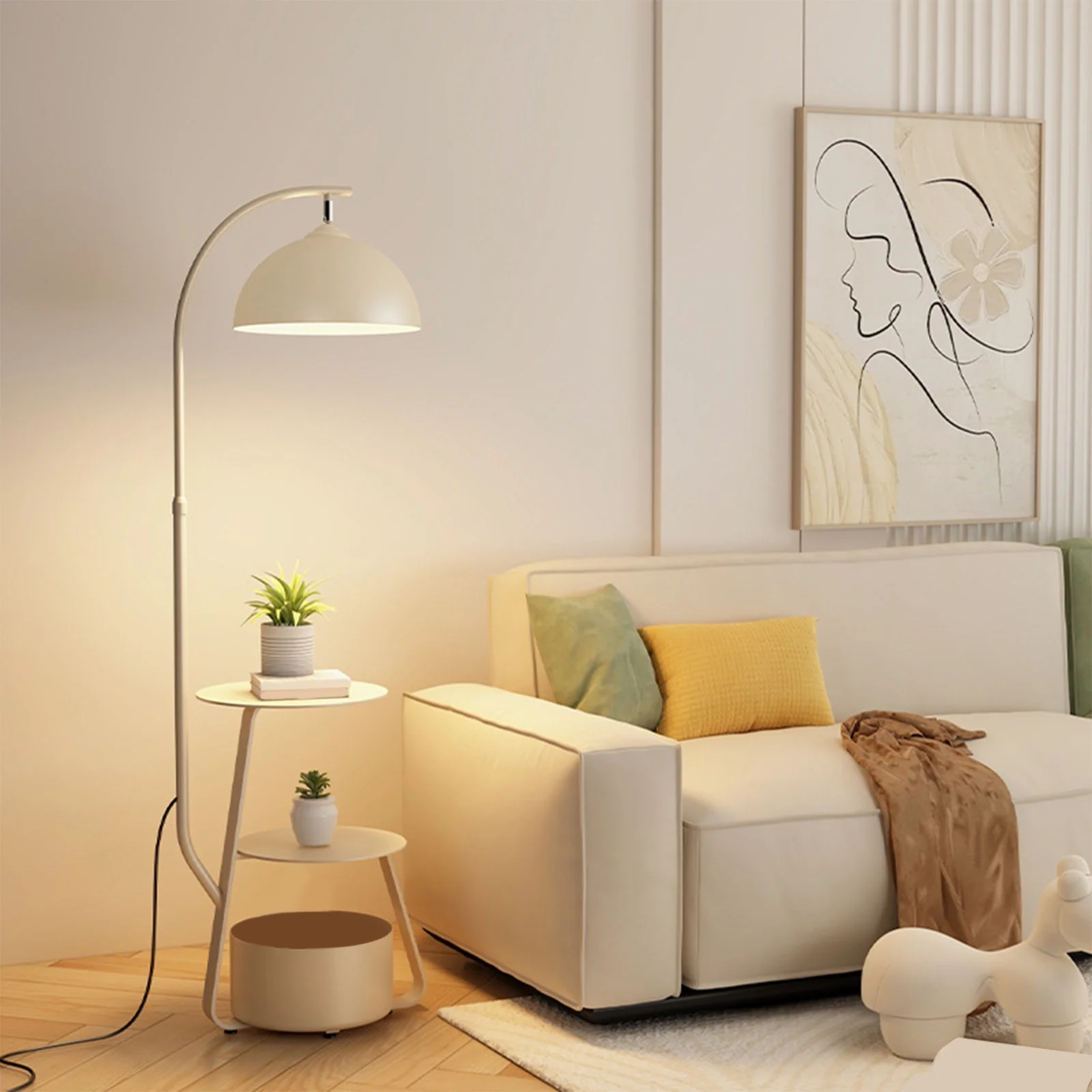 FQNRM Upgraded Cream Style Living Room Sofa Corner Floor Lamp Bedroom Bedside Table Integrated Table Lamp Wireless Charging Storage Vertical Lamp U