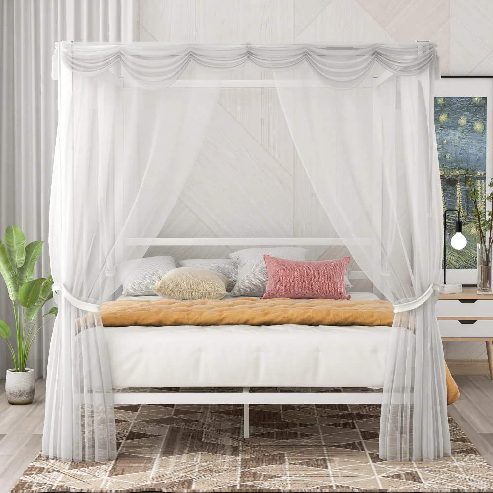 Metal Framed Canopy Platform Bed With Built-In Headboard,No Box Spring Needed, Classic Design