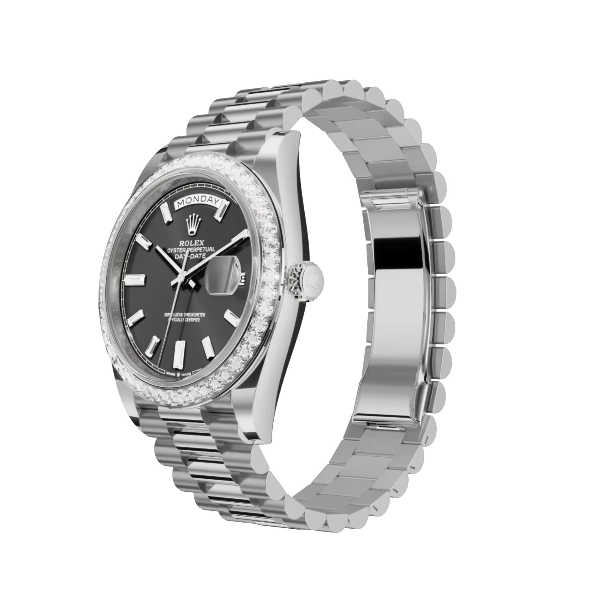 Rolex Day-Date: white gold, with a bright black, diamond-set dial, diamond-set bezel and a President bracelet, m228349rbr-0003