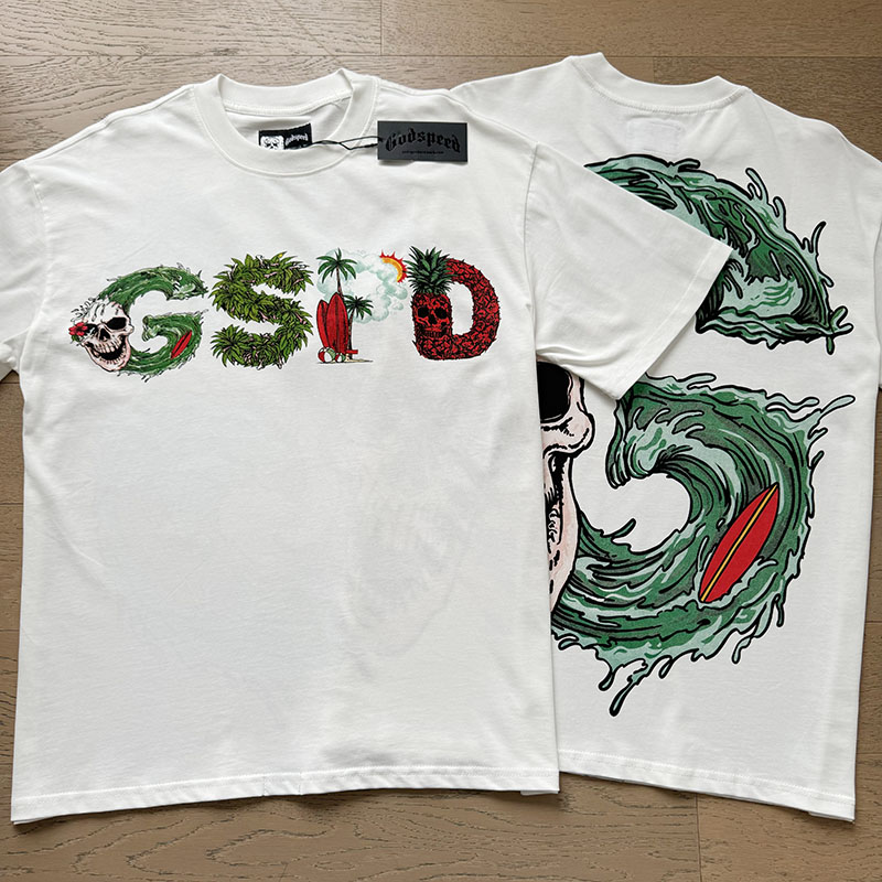 White short-sleeved shirt with plant and sea wave fresh letter printing