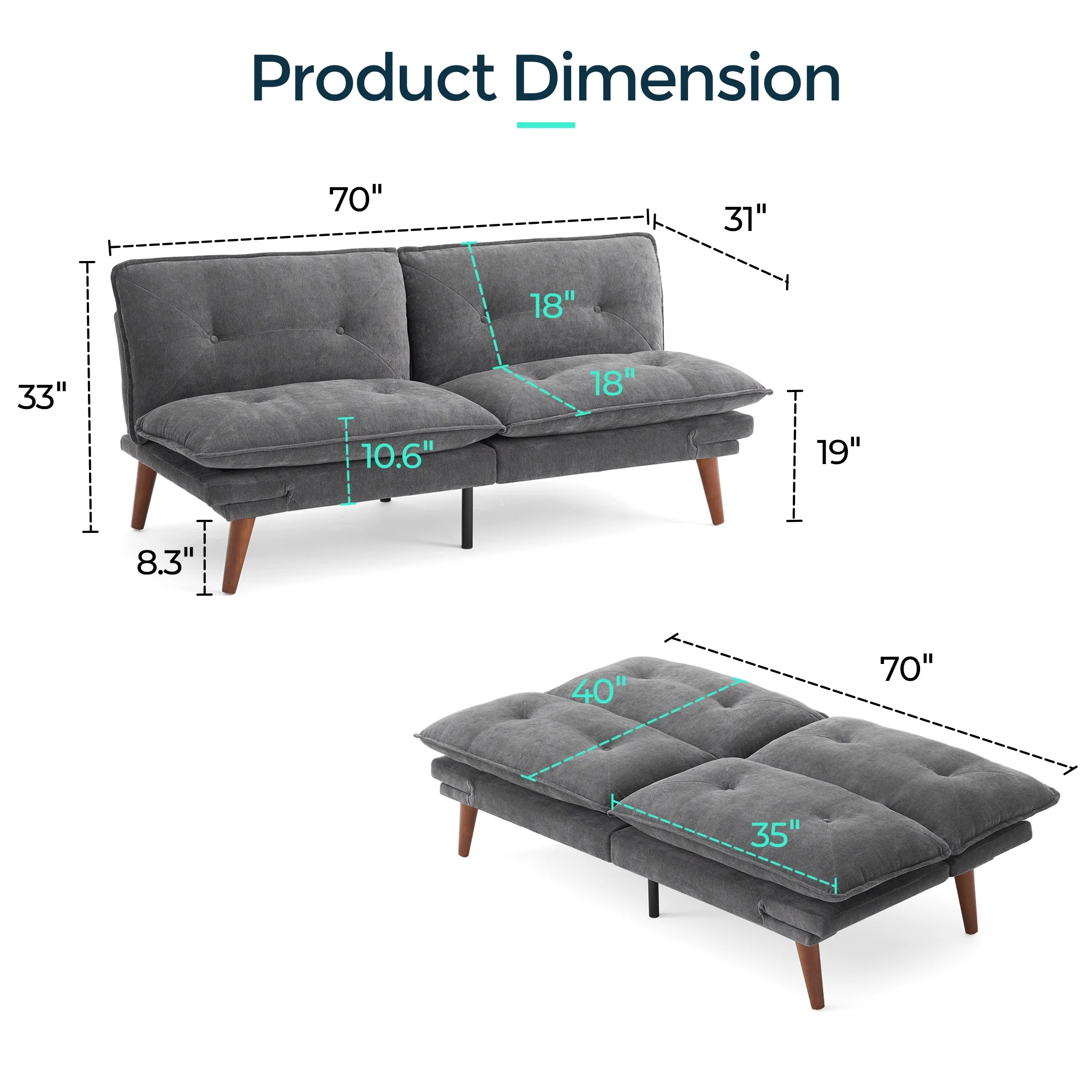 Linsy Home Convertible Upholstered Futon Couch with Adjustable Armrests, Grey