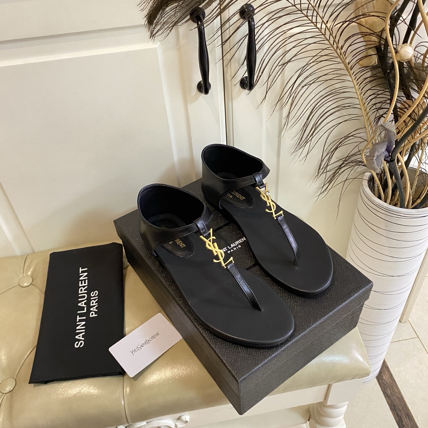 YSL Cassandra Smooth Leather YSL Logo T-Strap Covered Heel Flat Thong Sandals