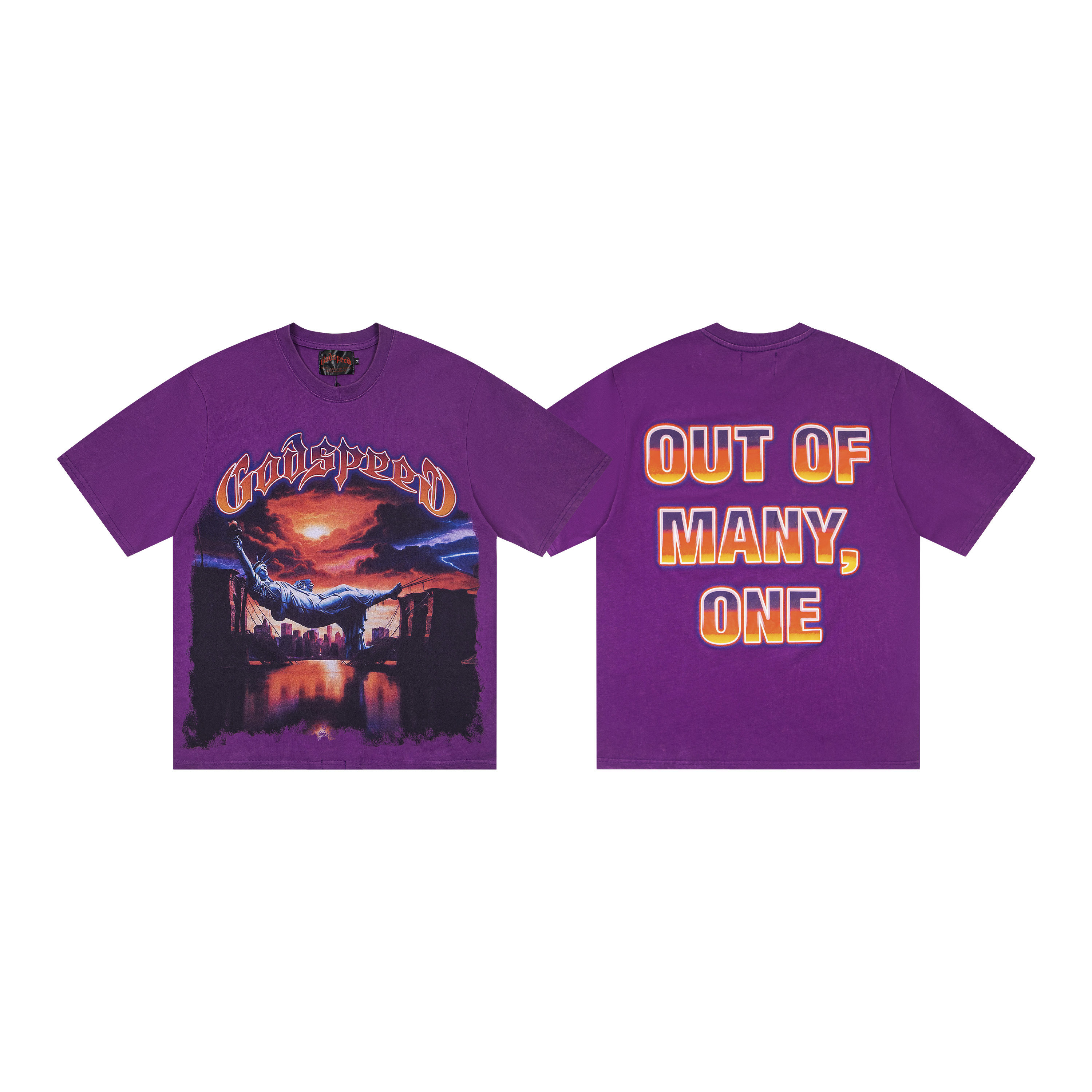 Purple sunset Statue of Liberty print short-sleeved shirt
