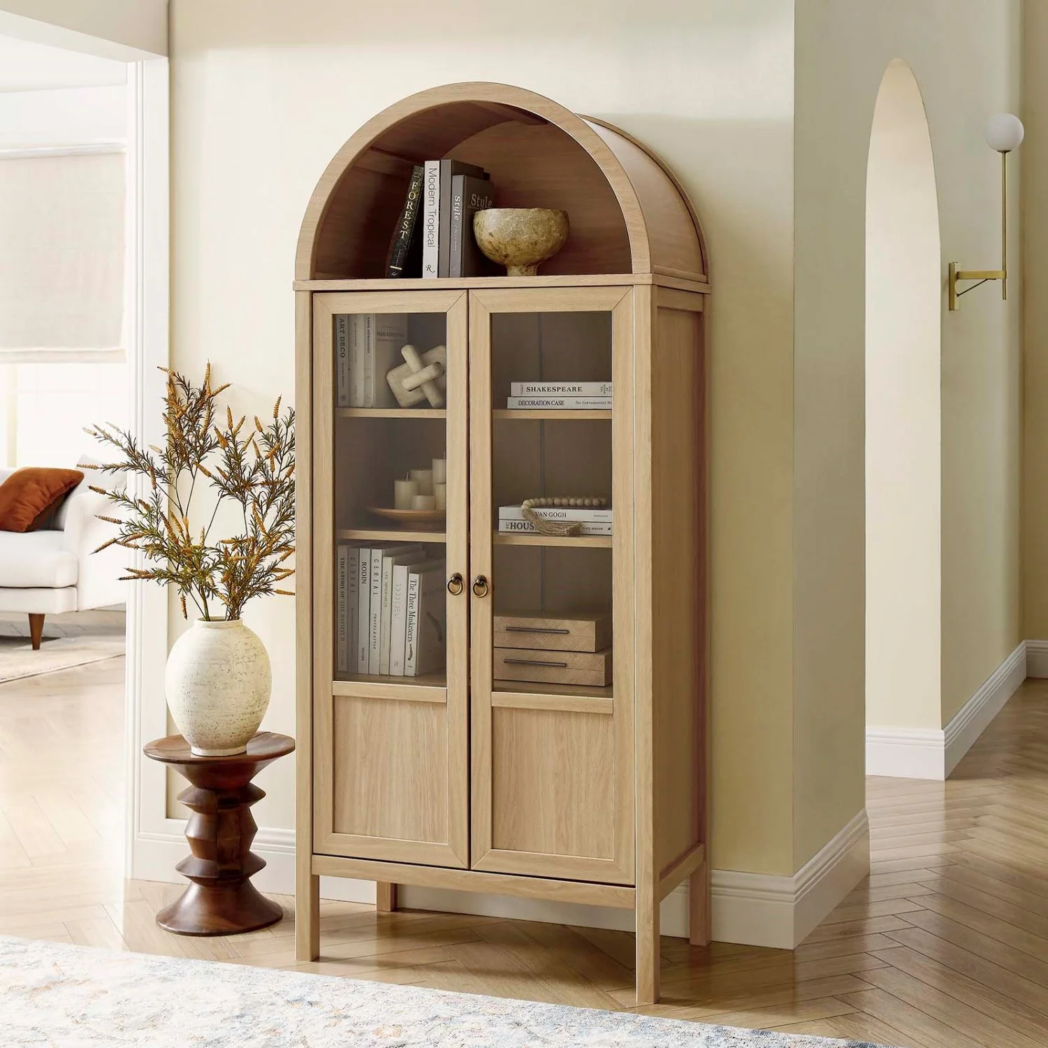 Mod Wood Rounded Arched Top Storage Display Accent Cabinet, Brown Oak