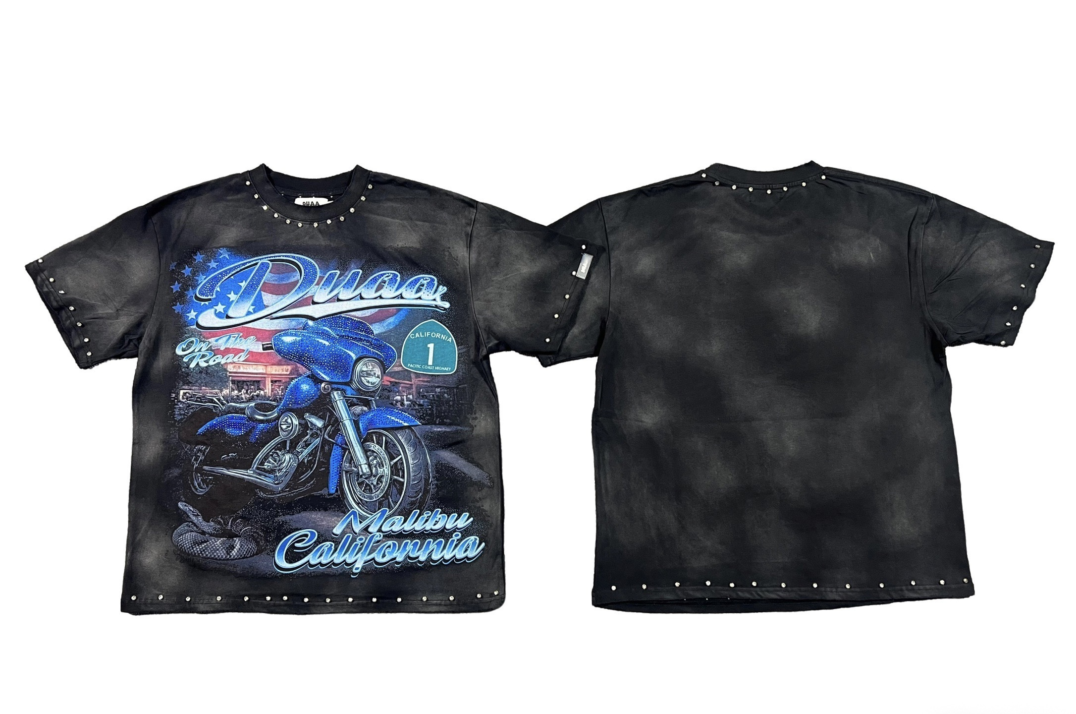 Black washed neon cool motorcycle printed short-sleeved shirt