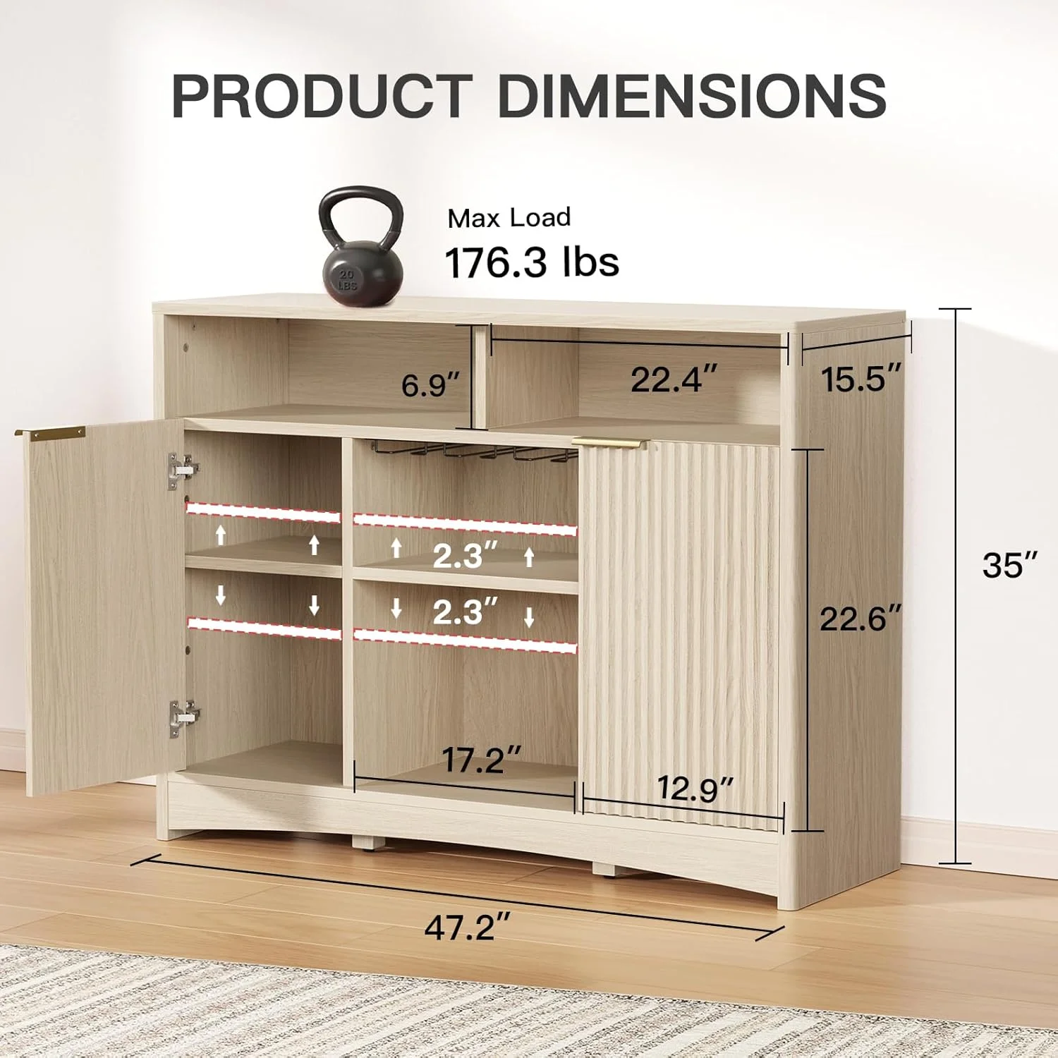 Amada 47.2" Wine Bar Cabinet for Liquor and Glasses, Modern Fluted Wood Coffee Bar Cabinet with Wine & Glass Rack, Buffet Sideboard with Adjustable Shelves for Home Dining Room Kitchen, Natural Oak