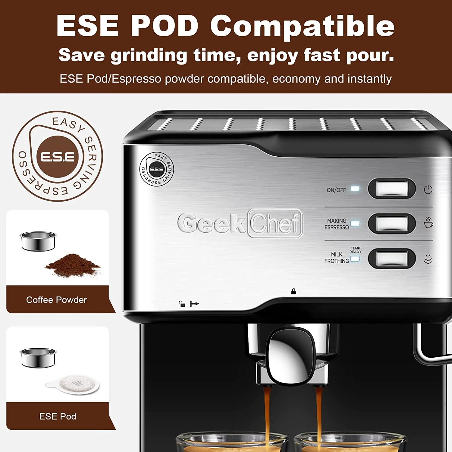 COOKCOK Espresso Machine 20 Bar,Expresso Coffee Machine With Milk Foaming Steam Wand,Espresso and Cappuccino Maker,ESE POD capsules filter,For Home Barista,Detachable Frothing Nozzle,1.5L Water Tank
