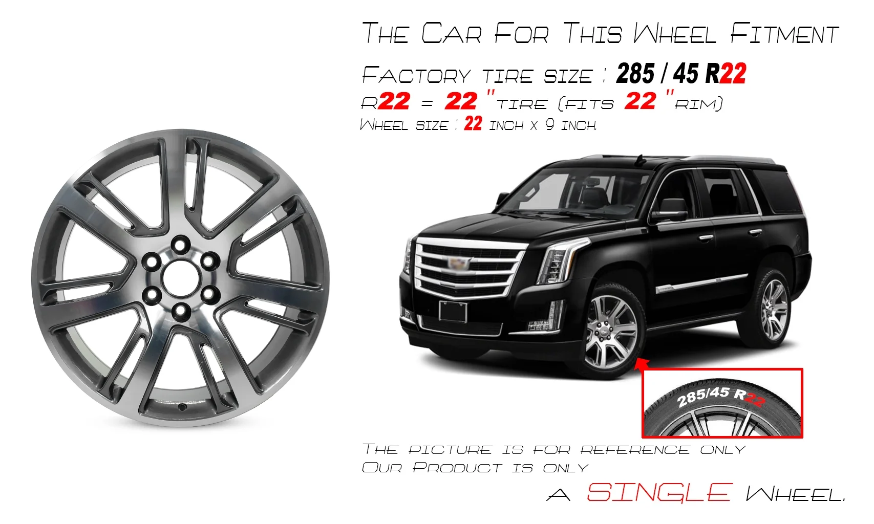 For Cadillac Escalade ESV OEM Design Wheel 22" 2015-2017 Machined Grey Single Replacement Rim