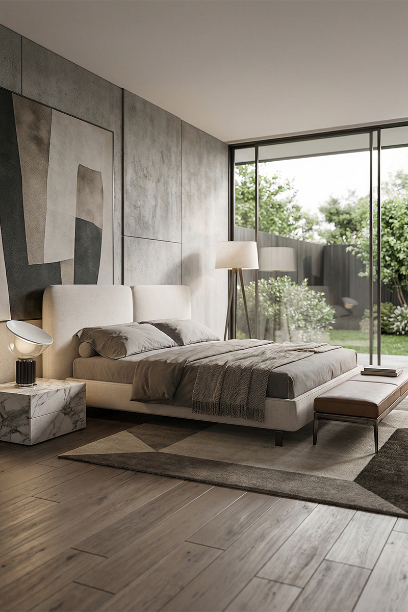 Italian minimalism, fabric bed, high-end modern double bed, villa, hotel, apartment, double bedhead with double pillows