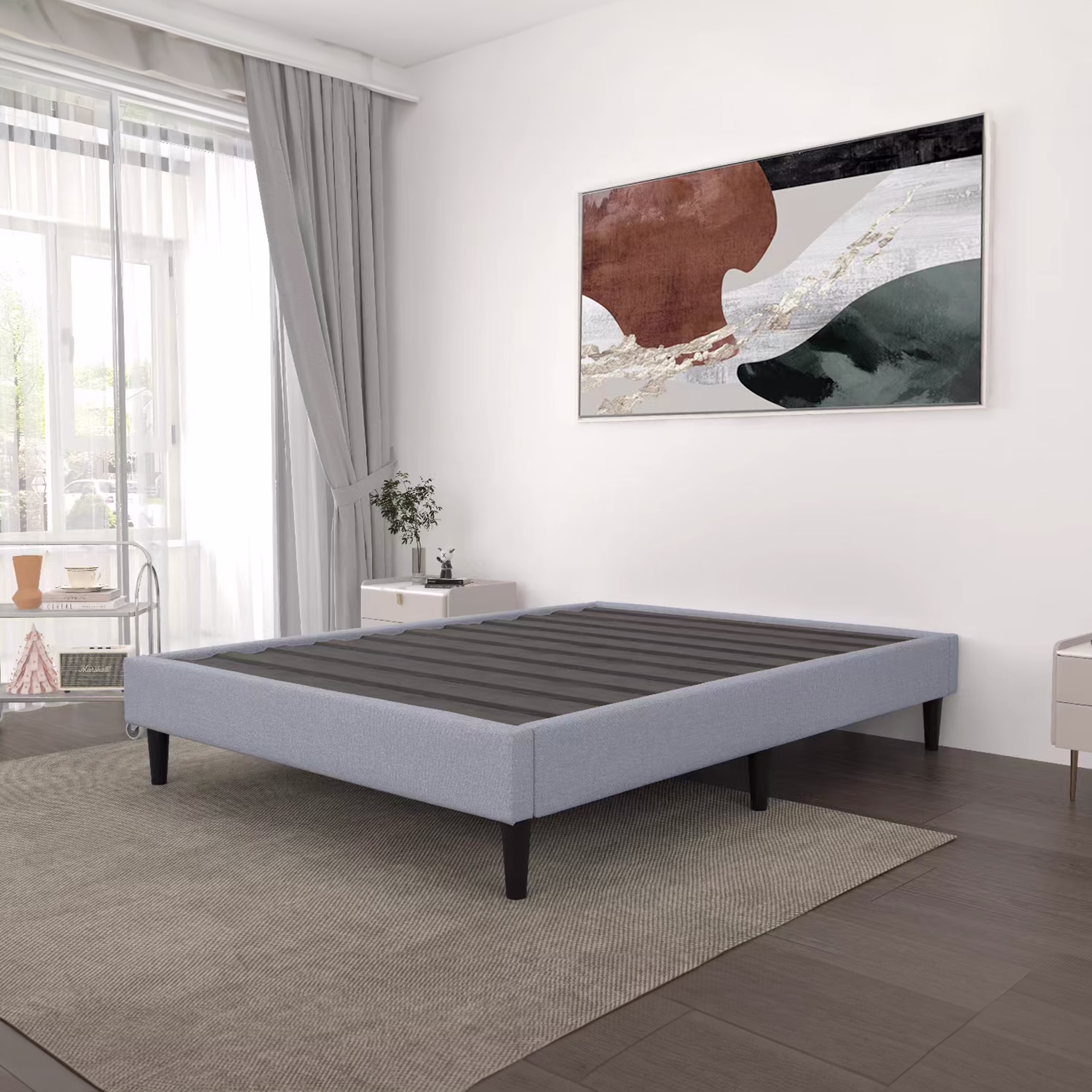 AC Pacific King Size Platform Bed Frame 13" Height with Fabric Upholstery, Sturdy Wooden Slats No Box Spring Needed Easy to Assemble, Grey