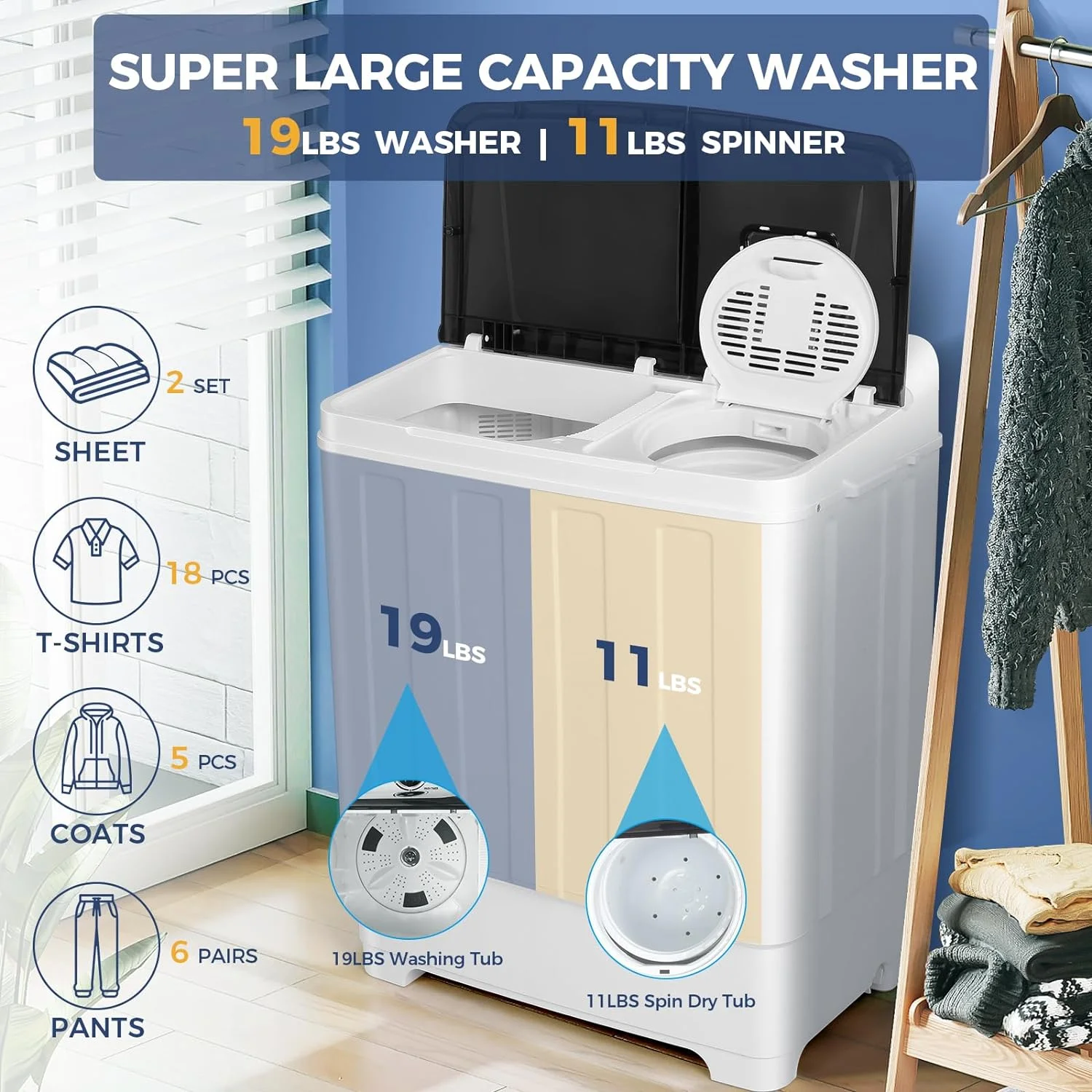 Qhomic Portable Washer 30lbs, 2-in-1 Twin Tub Washer & Dryer Combo Compact Semi-Automatic Washing Machine with Drain Pump, Black