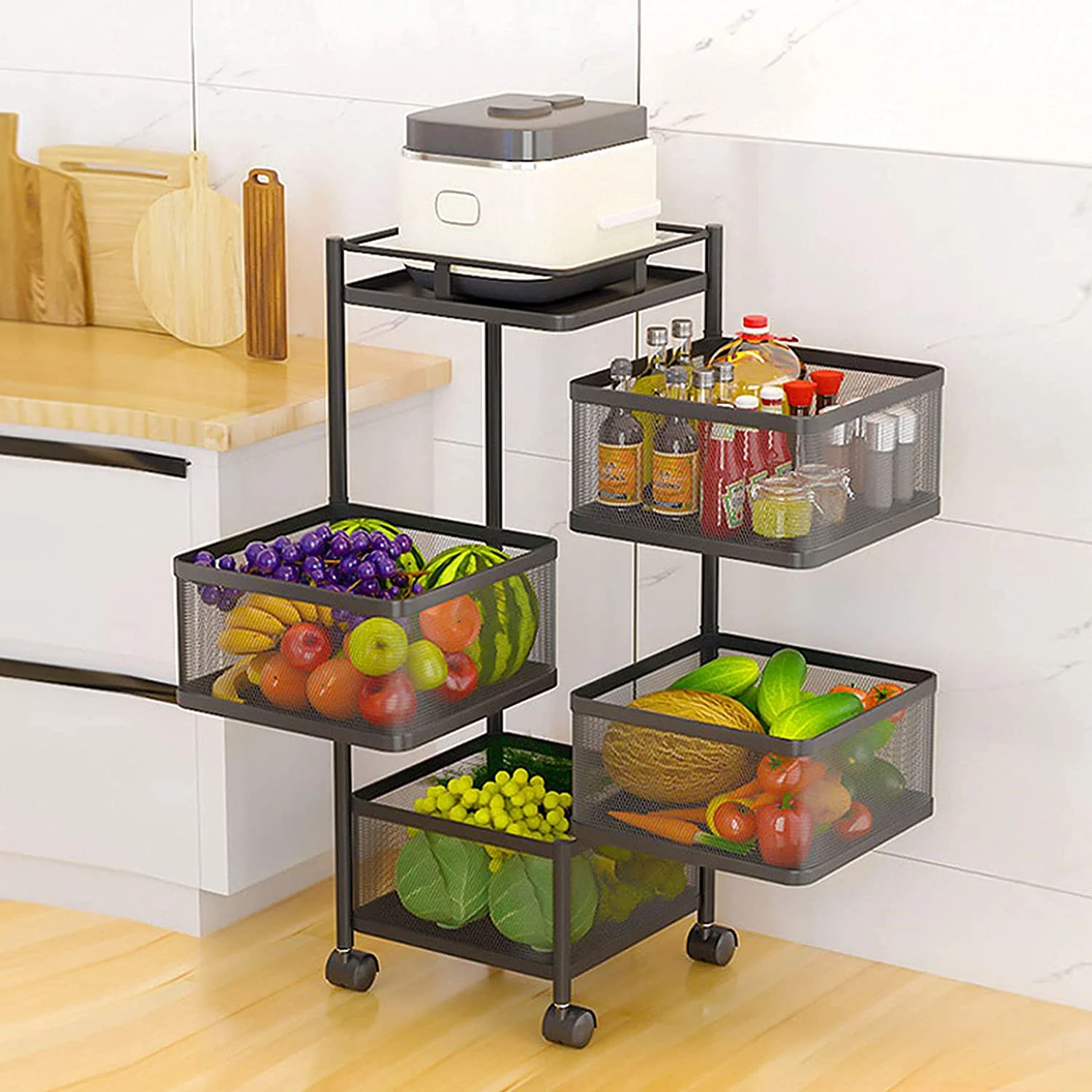 MONIPA 4 Tier Rotatable Baskets Storage Rack,Black Baskets Shelf 360��Ratate,Large Capacity Storage Trolley with 4 Wheels for kitchen,Bathroom,Living room (Square)