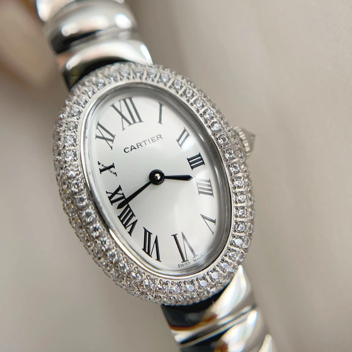 Cartier Watch Baignoire Stainless Steel White Dial Diamond Bezel