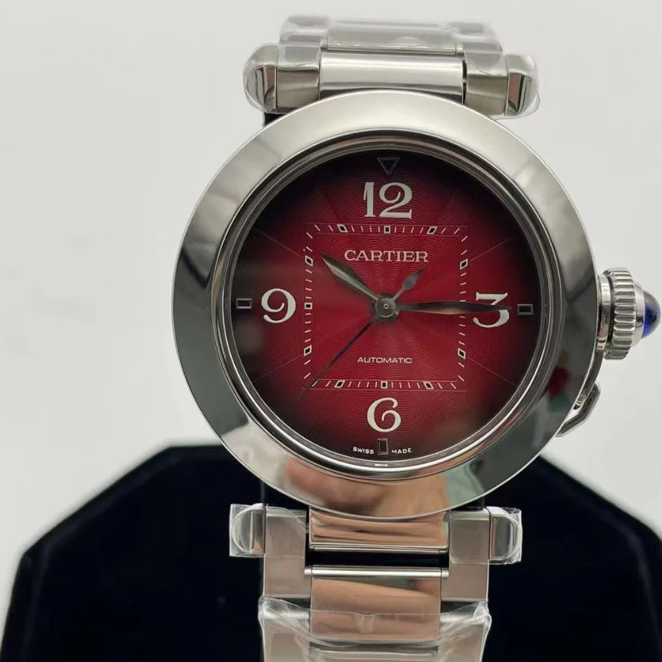 Cartier Watch Pasha 33mm Silver Red Dial Leather