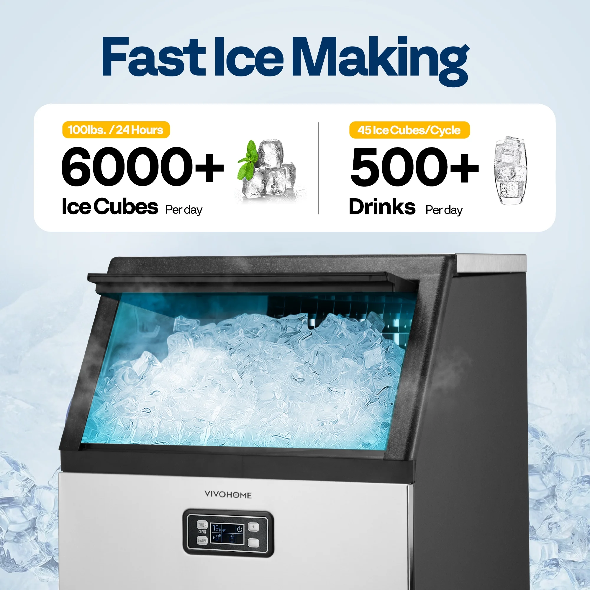 SPECSTAR Commercial Ice Maker 100lbs/24h,Ice Machine with 29lbs Storage 45 Cubes,Stainless Steel Construction,Auto Operation for Bar Home Supermarkets Includes Scoop and Con,Sliver