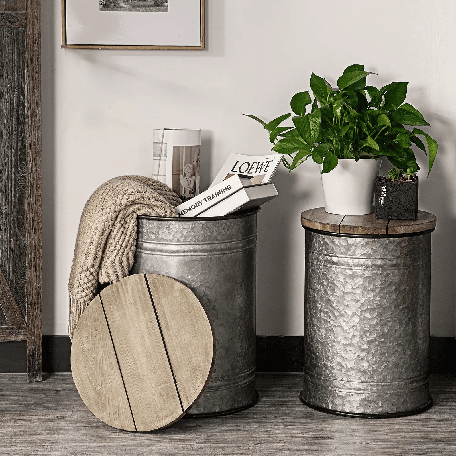 Oneinmil Set of 2 Modern Farmhouse Coffee End Table, with Large Storage Space, End Bench for Living Room, Bedroom, Gray