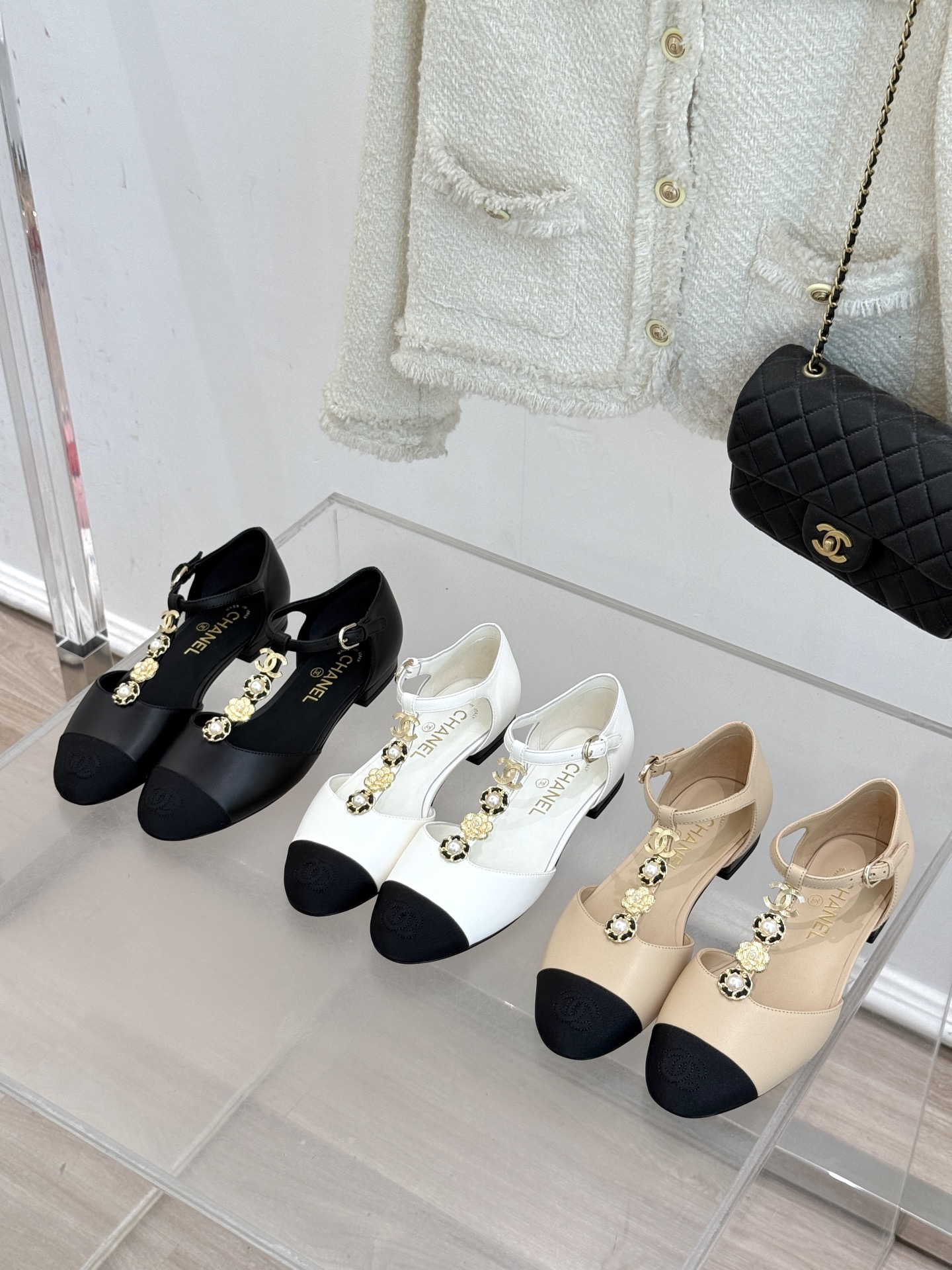 Chanel CC Camellia Pearls Logo Smooth Leather Lambskin Lining Two Tone T Strap Buckle Mary Jane Flats