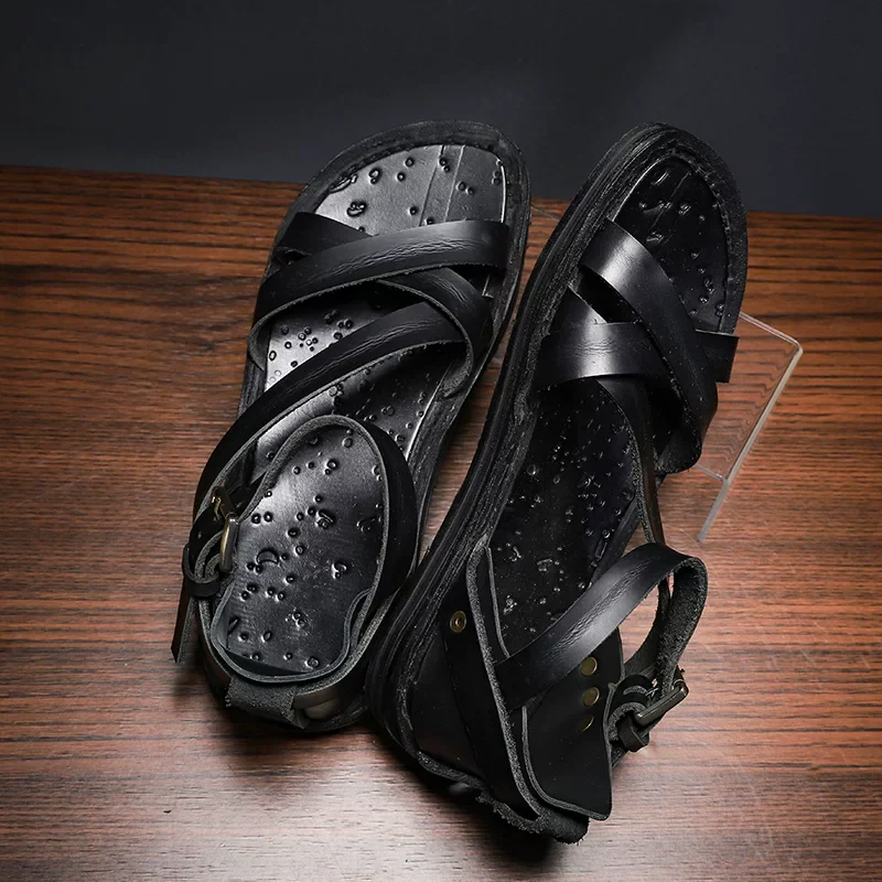 Handmade retro vegetable tanned cowhide woven hollow sandals
