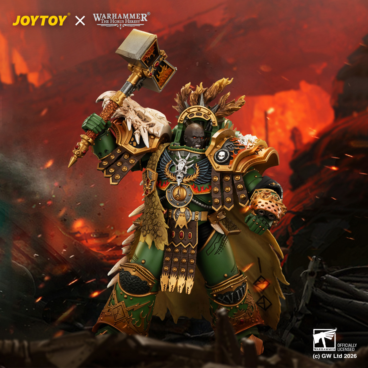 JOYTOY JT05367 Warhammer 40k 1:18 Salamanders Vulkan Primarch of the XVlllth Legion with Dawnbringer The Furnace's Heart and Dragon's Breath Gauntlet - JOYTOY WORLD